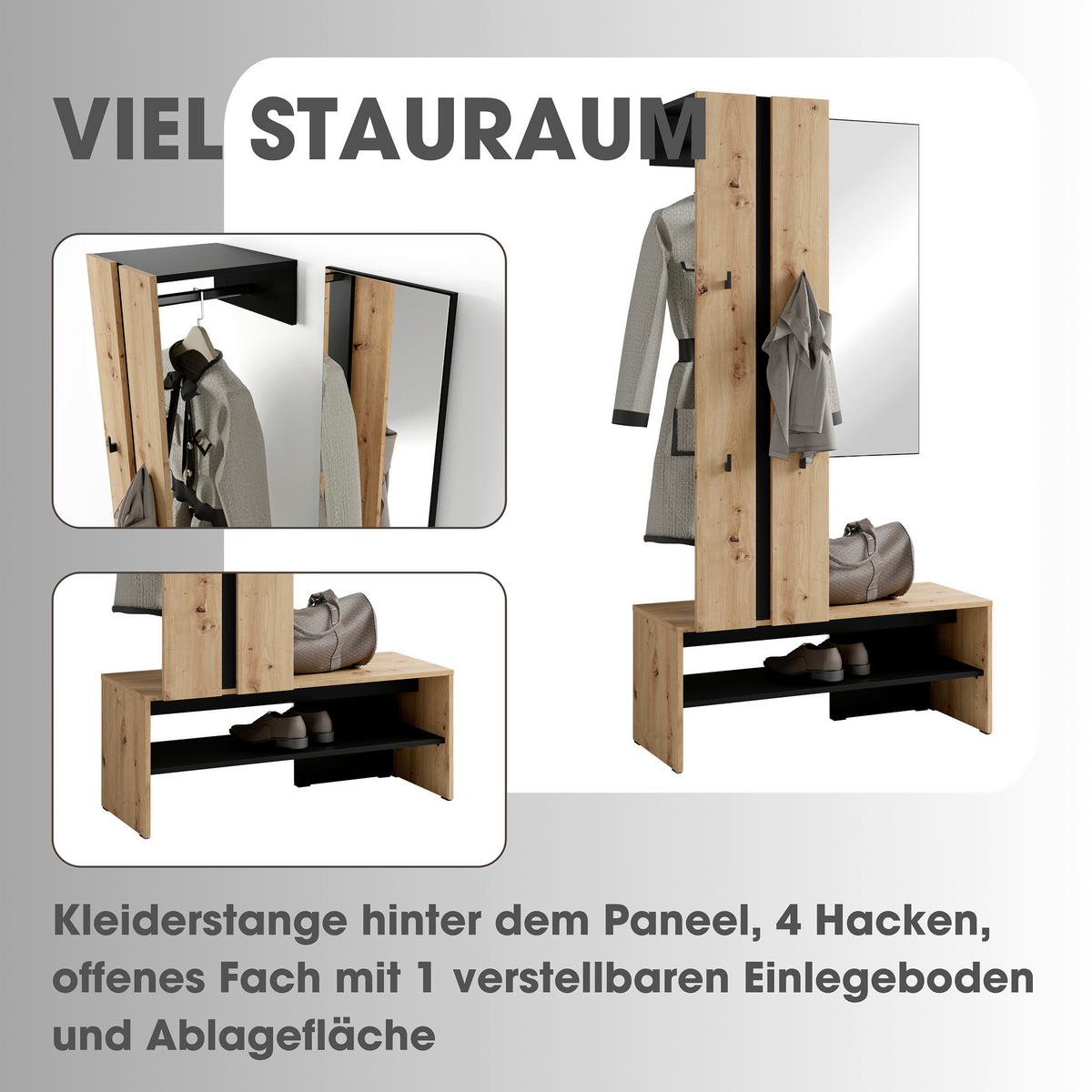 Garderobe Nante Set Eiche Artisan/Schwarz B: 100cm - Schwarz/Eiche Artisan, Design, Holzwerkstoff (100/186/40cm) - MID.YOU