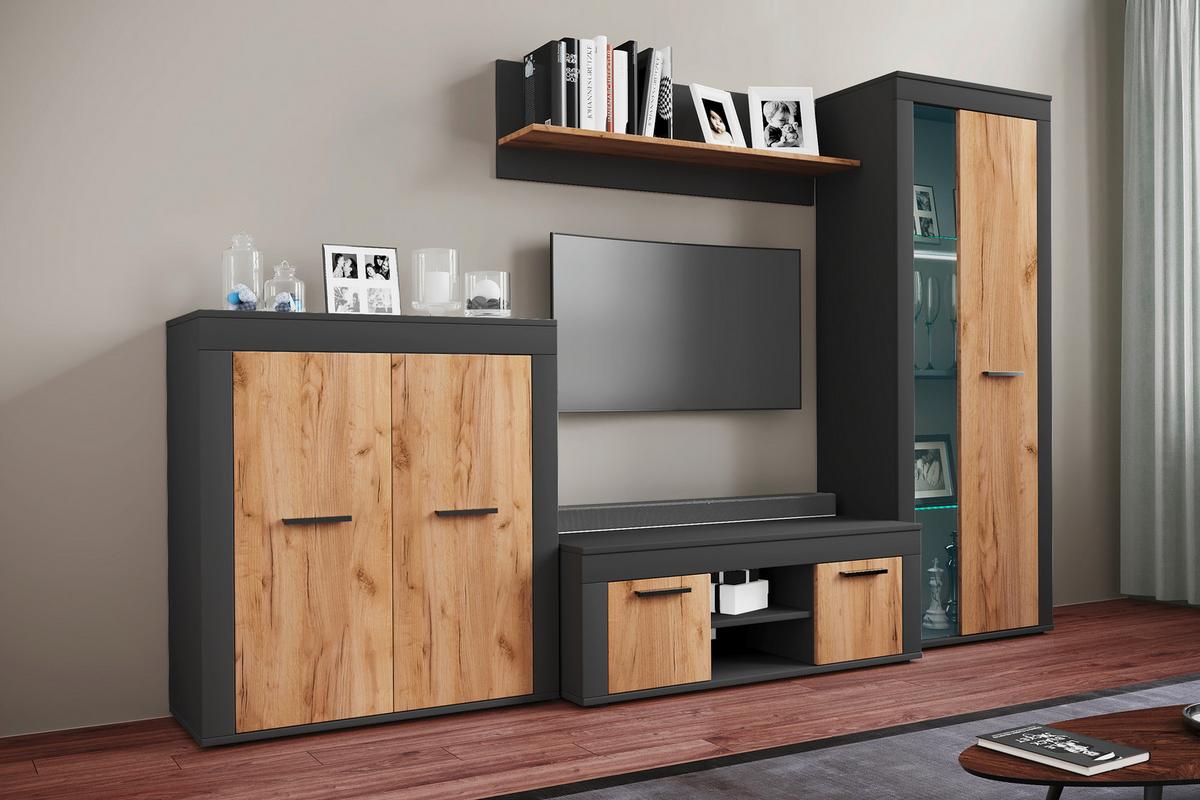 Wohnwand Usilo Anthrazit Honigeiche Dekor - Honigeiche/Anthrazit, Design, Glas/Holzwerkstoff (242/159/37cm) - MID.YOU