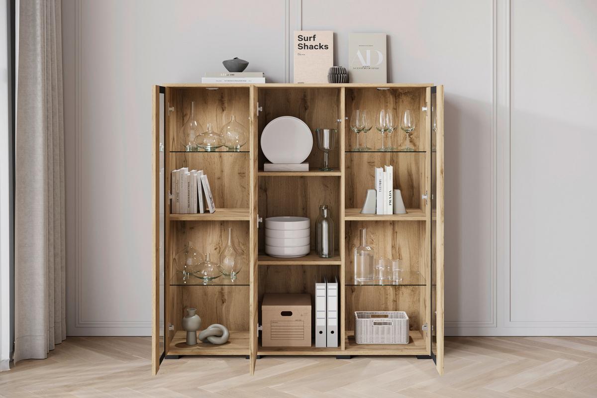 Kommode Caro Eiche Wotan B: 120 Cm - Eiche Wotan/Schwarz, Design, Glas/Holzwerkstoff (120/121,9/39,5cm) - Livetastic