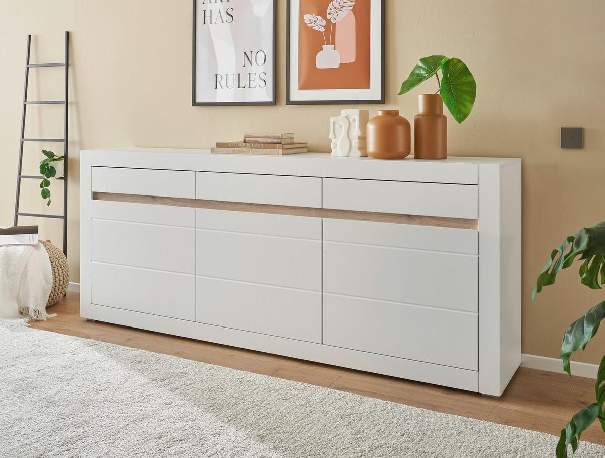 Sideboard Chester Weiß/Eichefarben B: 217cm - Eichefarben/Silberfarben, Design, Holzwerkstoff (217/90/42cm) - MID.YOU