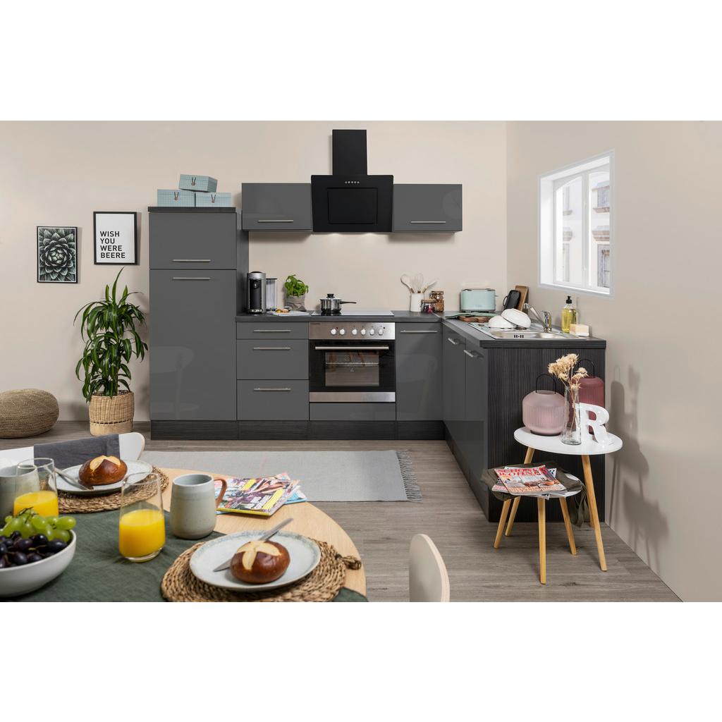 Eckküche mit Geräten 260x200 cm Grau Hochglanz