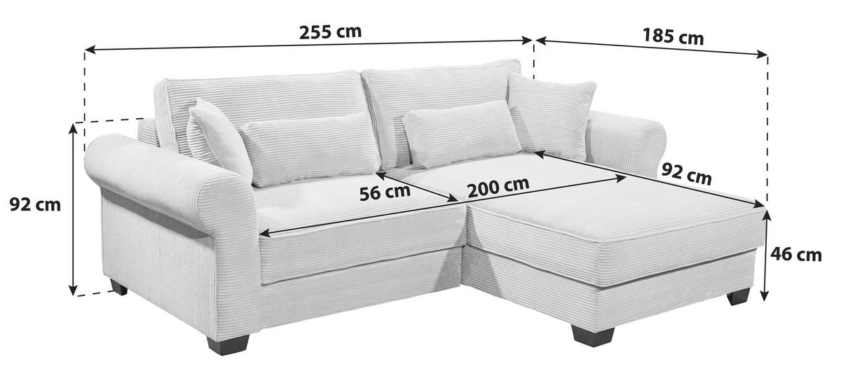 Ecksofa Mit Schlaffunktion Angelina Creme Kord - Creme/Schwarz, Basics, Textil (255/92/185cm) - MID.YOU