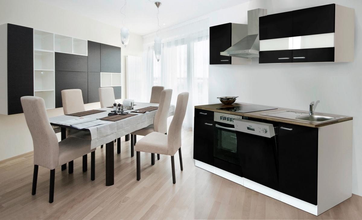 Küchenzeile Economy M. Geräten 220 Cm Schwarz/nussbaum Dekor - Nussbaumfarben/Schwarz, Basics, Holzwerkstoff (220cm) - Respekta