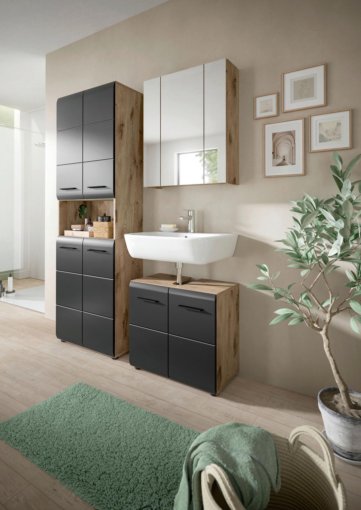 Badezimmer Ice Schwarz/Eiche Dekor B: 120cm - Eiche dunkel/Schwarz, Basics, Holzwerkstoff (120cm) - MID.YOU