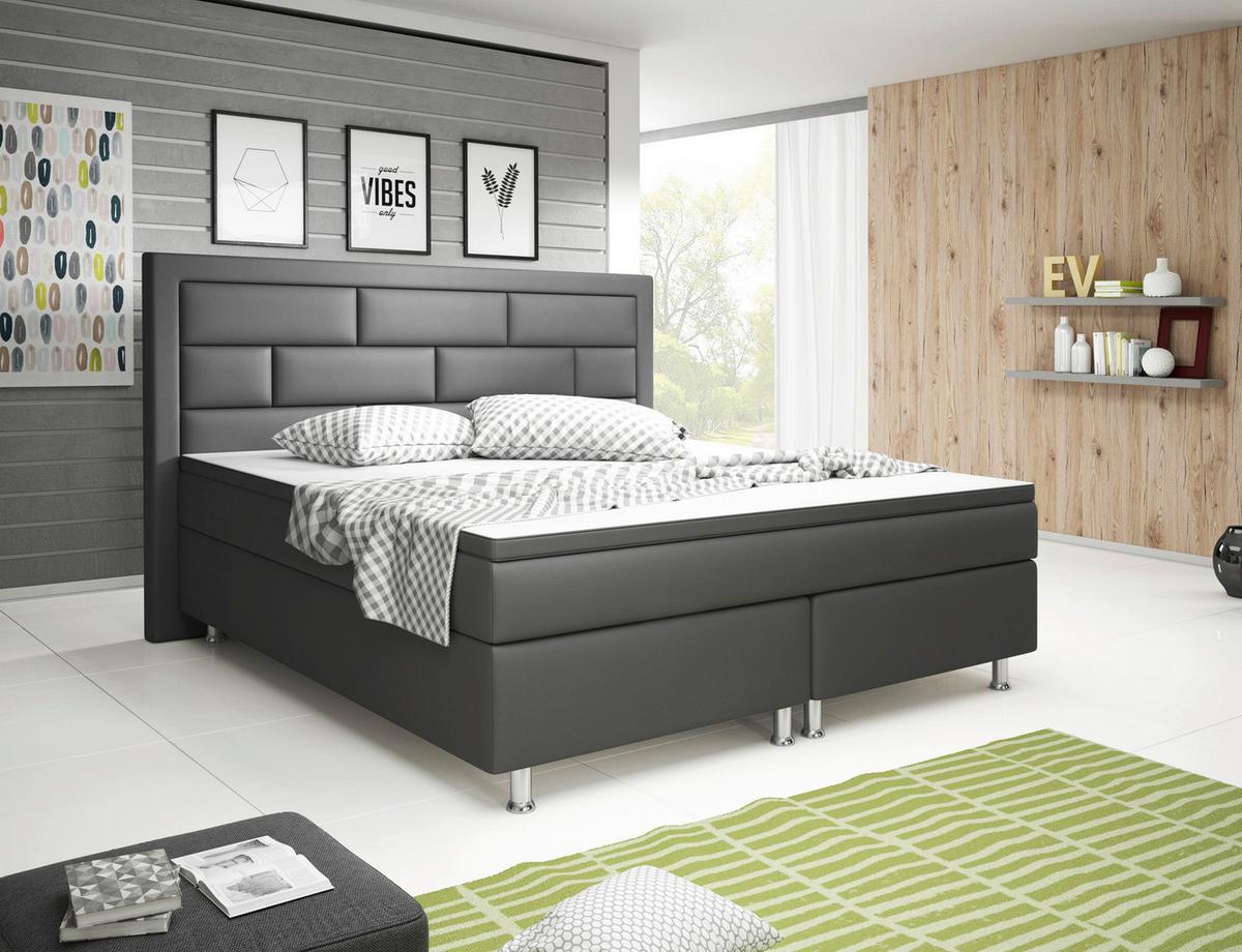 Boxspringbett Mit Topper Lederlook 180x200 Nizza - Anthrazit/Silberfarben, KONVENTIONELL, Textil (180/200cm) - MID.YOU