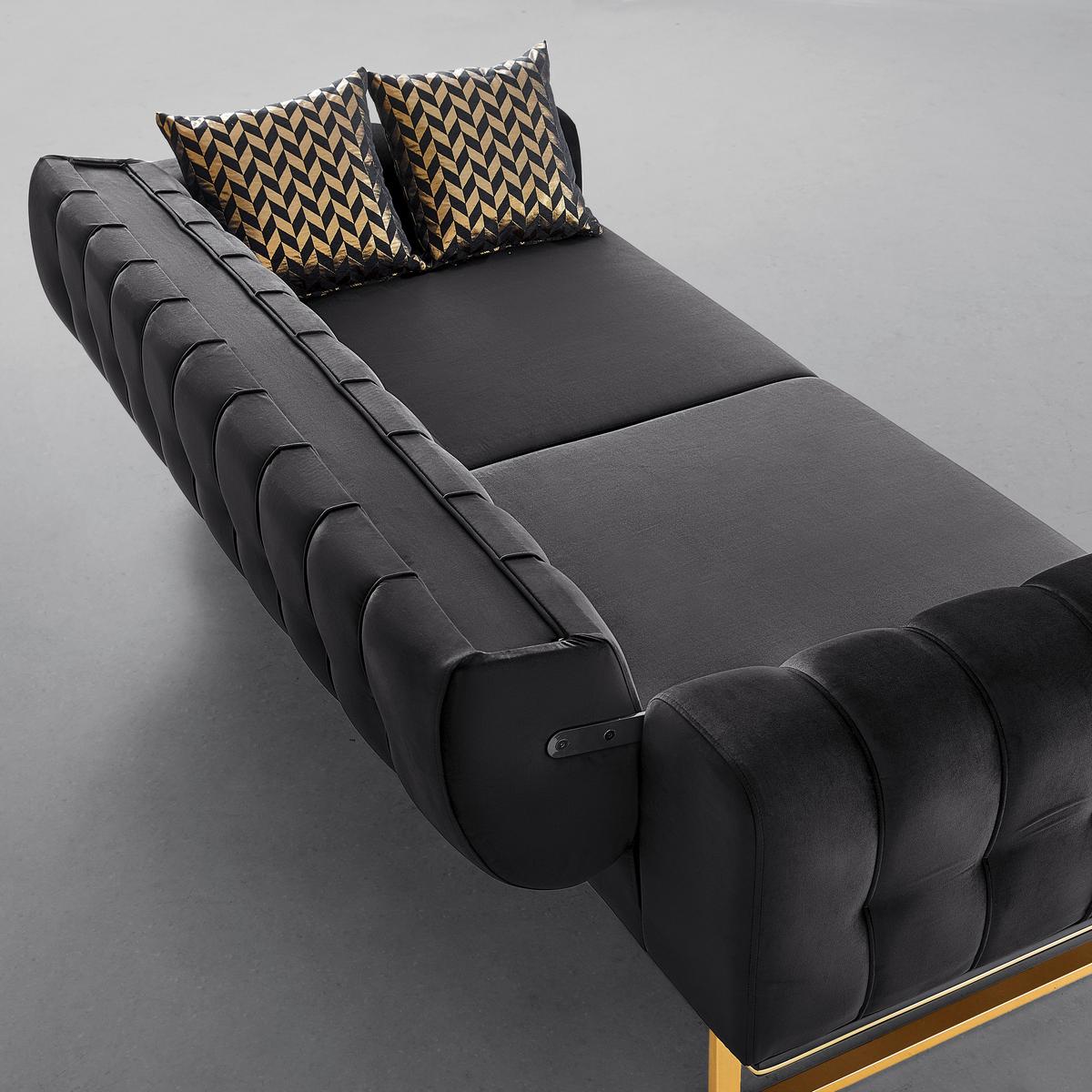 Trojmiestna pohovka AILE, čierny zamat, s vankúšmi - čierna/zlatá, Lifestyle, textil (244/80/90cm) - Mömax