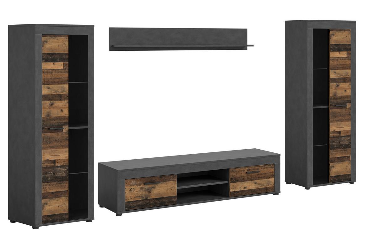 Wohnwand Jam Grau/Naturfarben B: 310 cm - Schwarz/Naturfarben, Design, Glas/Holzwerkstoff (310/159/35cm) - MID.YOU