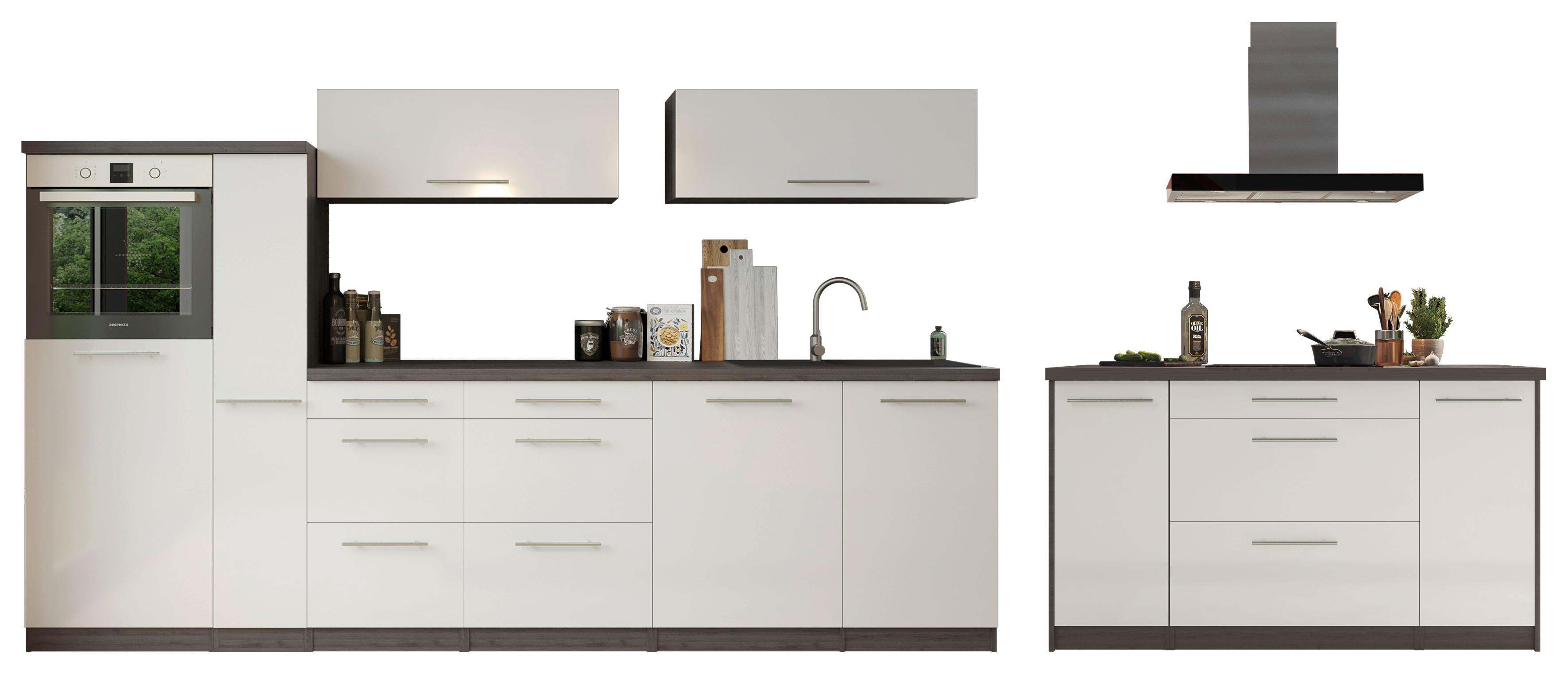 Küchenzeile Premium mit Geräte 310 cm Grau/Weiß + Kochinsel - Weiß/Grau, Basics, Holzwerkstoff (310/160cm) - Respekta