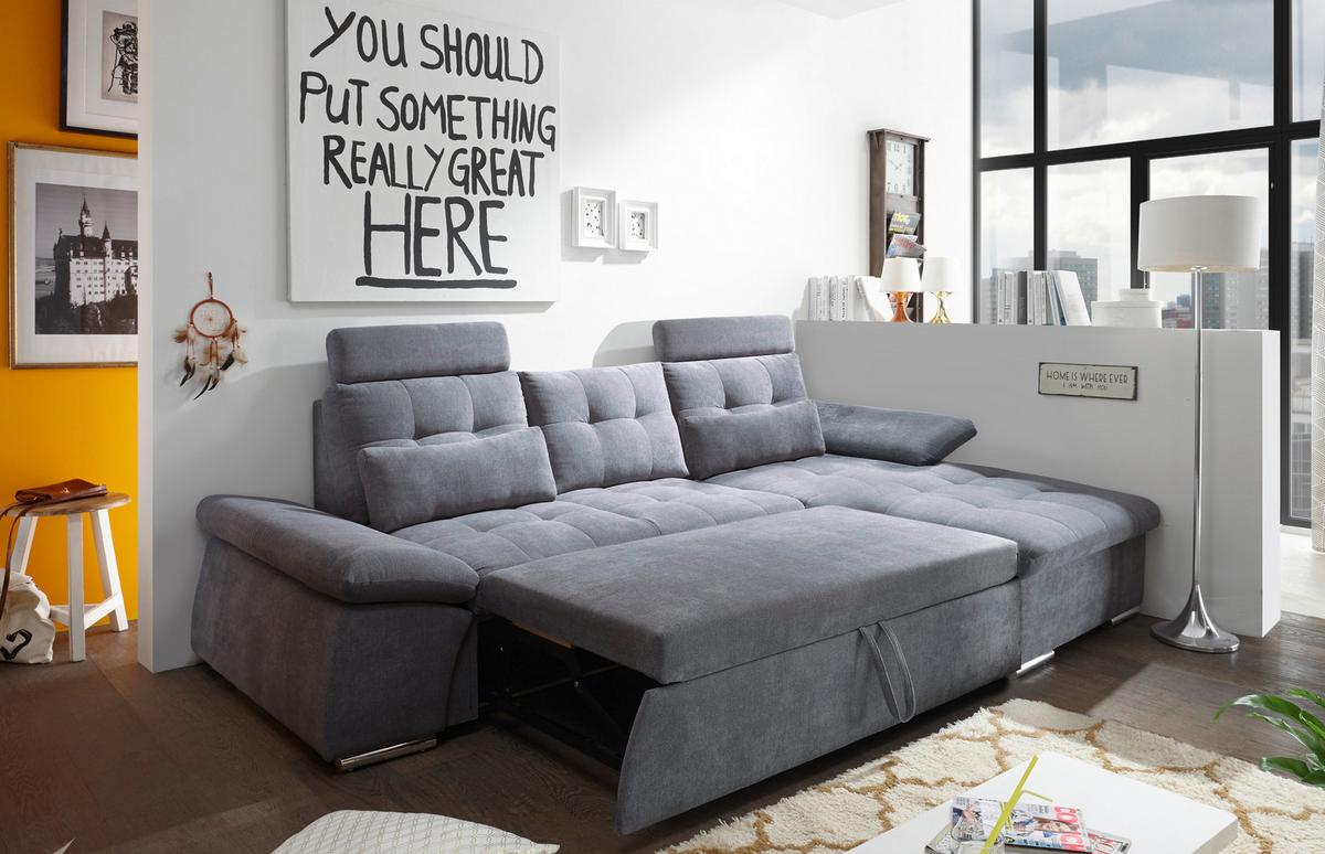 Sedací souprava s rozkladem Nalo tmavě šedá - barvy stříbra/tmavě šedá, Konvenční, kompozitní dřevo/textil (268/170cm) - MID.YOU