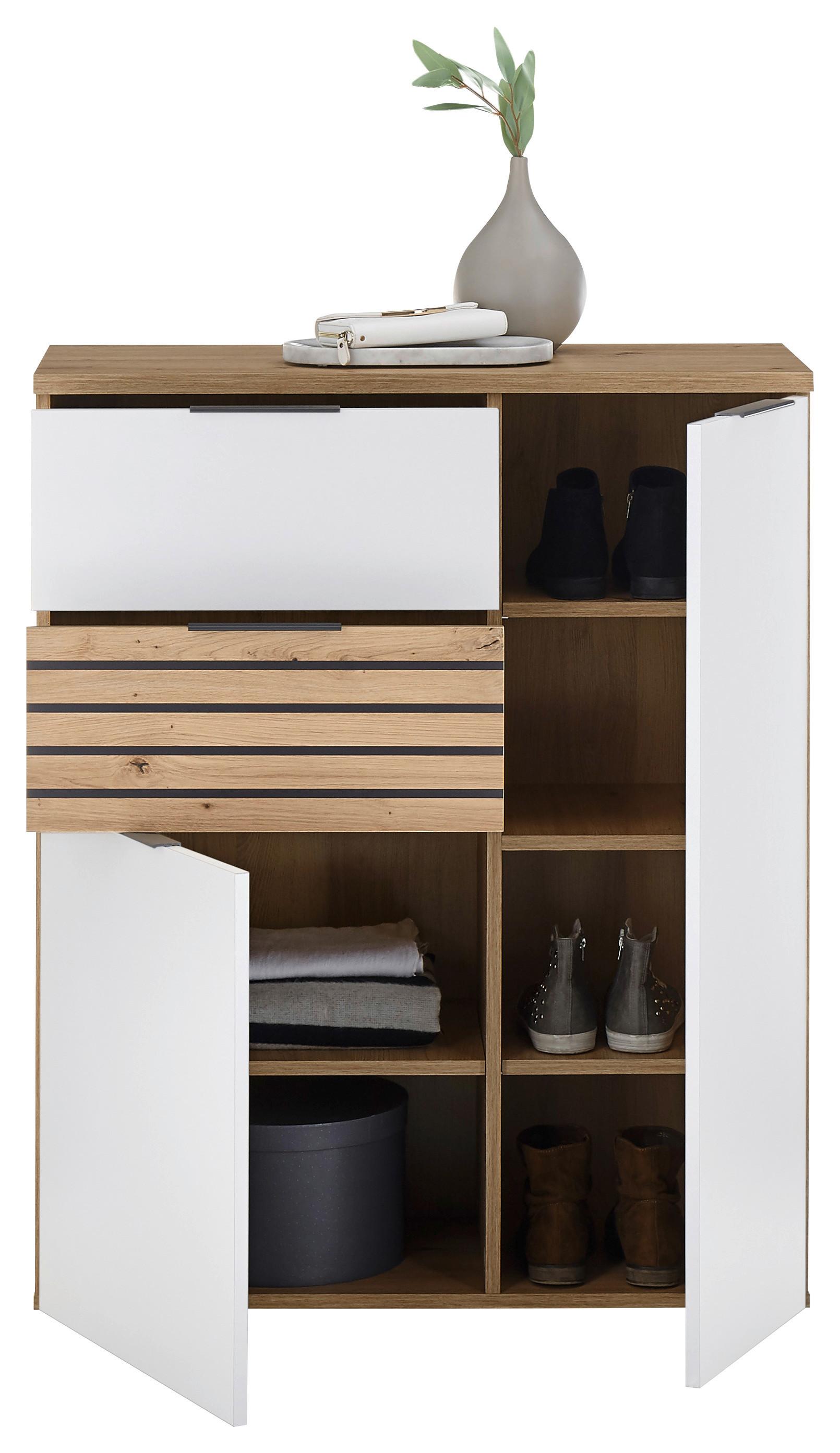 Kommode B: 85 cm Milan, Weiß/Eiche Dekor - Dunkelgrau/Silberfarben, Design, Holzwerkstoff (85/105/38cm) - MID.YOU