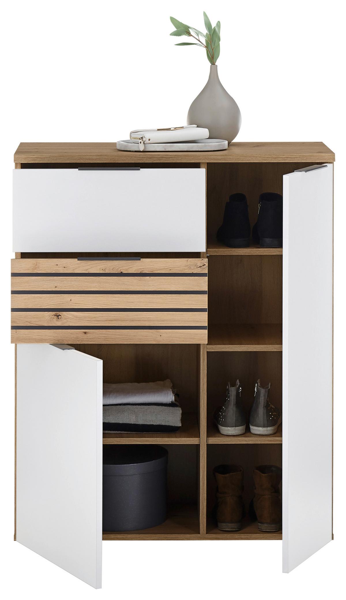 Kommode 85 Cm Milan, Weiß/eiche Dekor - Dunkelgrau/Silberfarben, Design, Holzwerkstoff (85/105/38cm) - MID.YOU