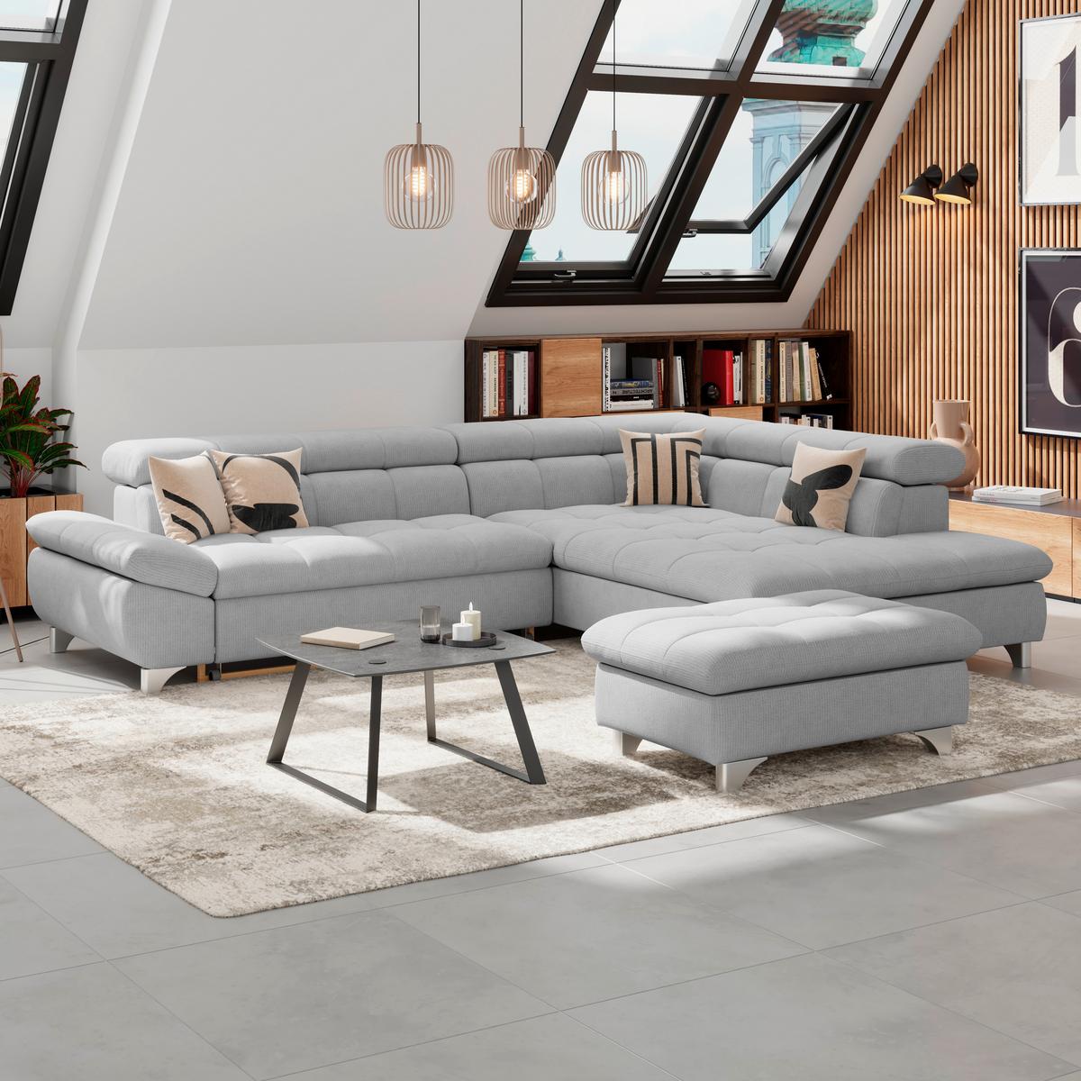 Rohová sedačka GEMINI, pravá, sivá ženilka - svetlosivá/chrómová, Konventionell, kov/textil (312/234cm)