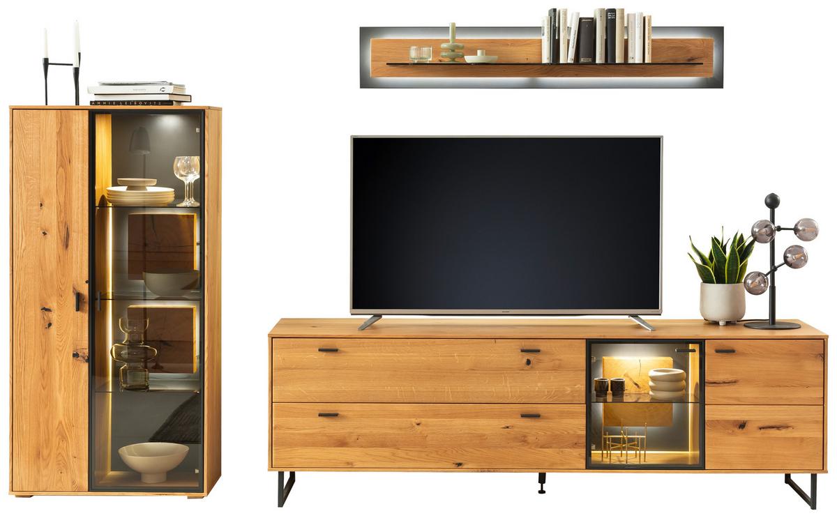Wohnkombination Wildeiche Dekor Assini 3 -Teilig Wildeiche - Wildeiche/Schwarz, Design, Glas/Holz (306/188/50cm) - MID.YOU