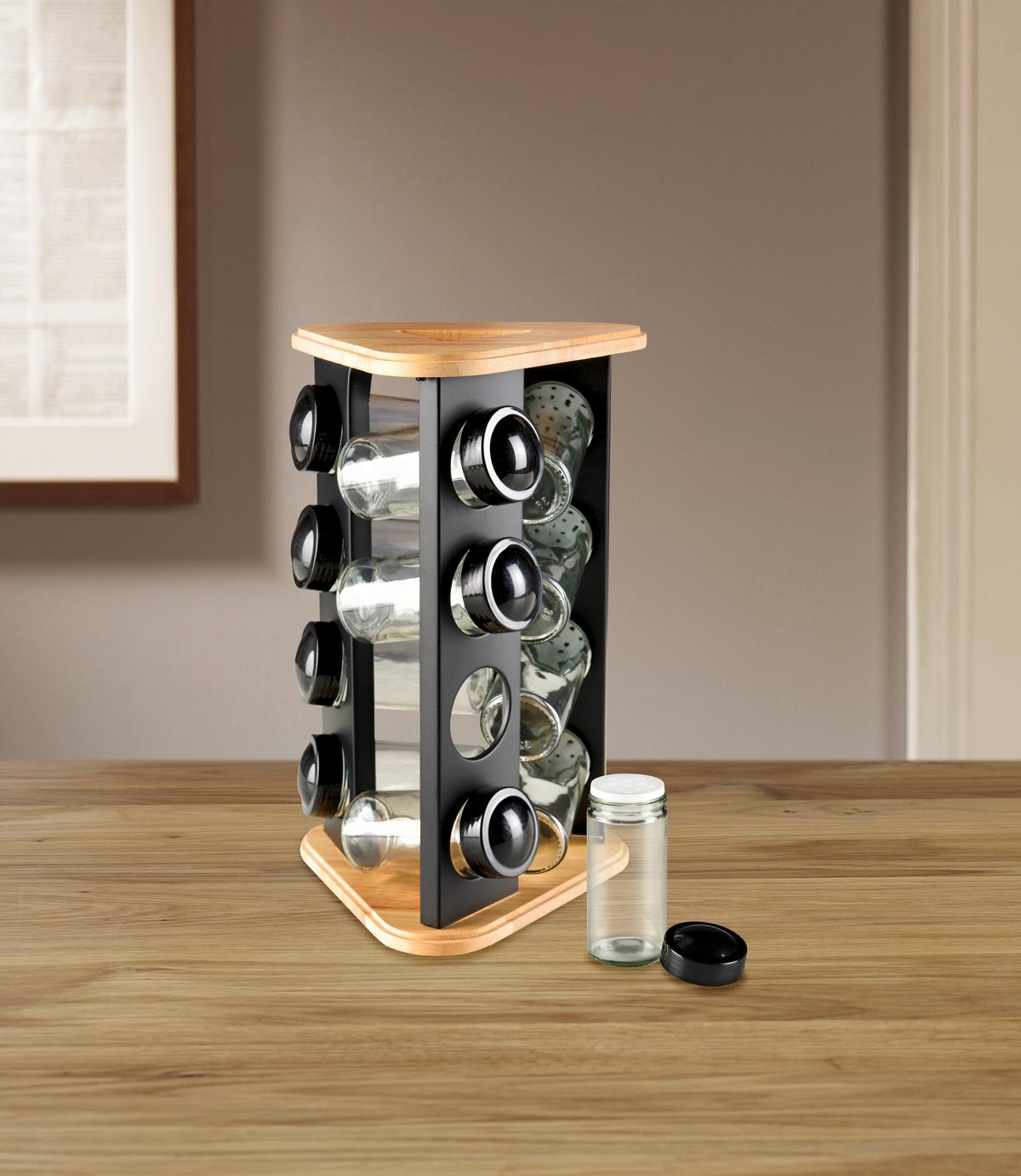 Gewürzkarussell Michael - Klar/Schwarz, MODERN, Glas/Holz (18/29,5/18cm) - James Wood