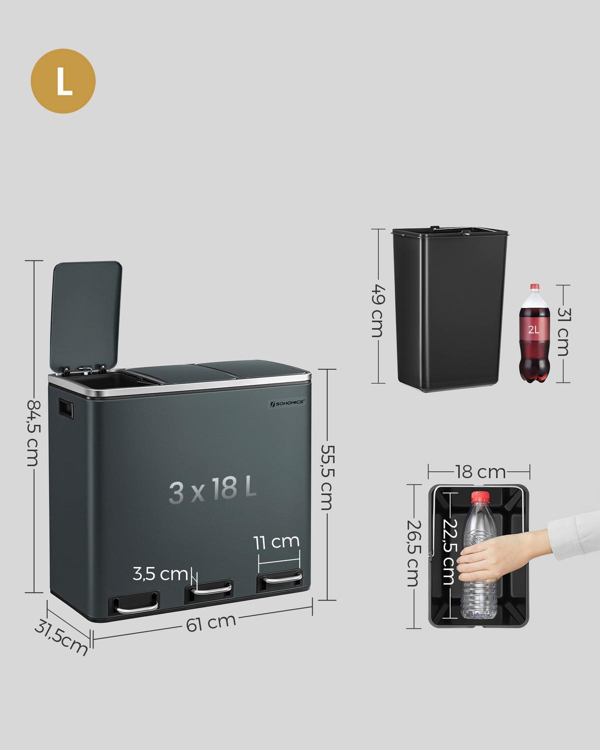 Abfallsammler Grau B: 61cm - Schwarz/Grau, Basics, Kunststoff/Metall (61/55,5/31,5cm)