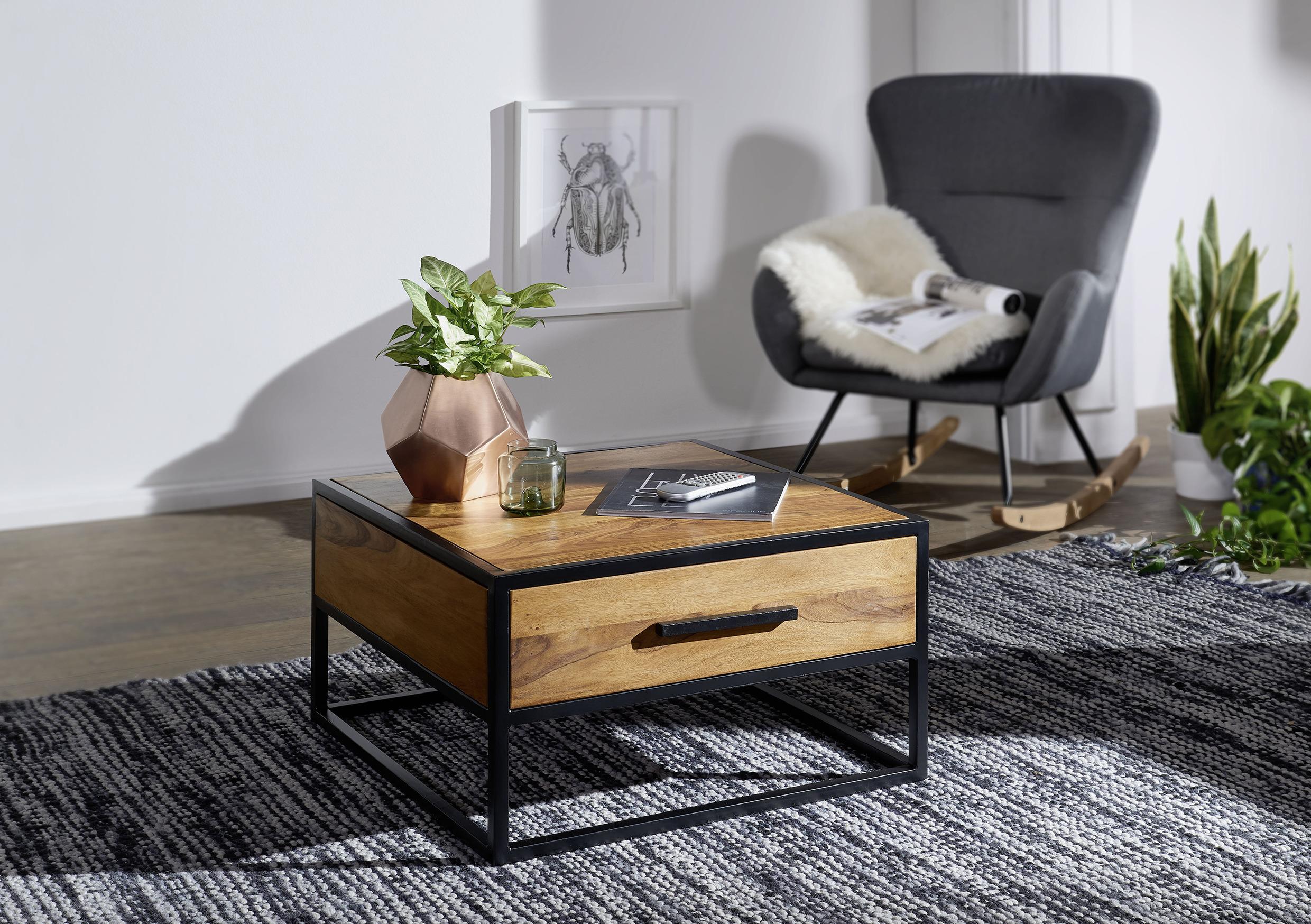Couchtisch Holz Massiv Mit Schublade, Sheesham - Sheeshamfarben/Schwarz, Design, Holz/Metall (65/65/38cm) - MID.YOU