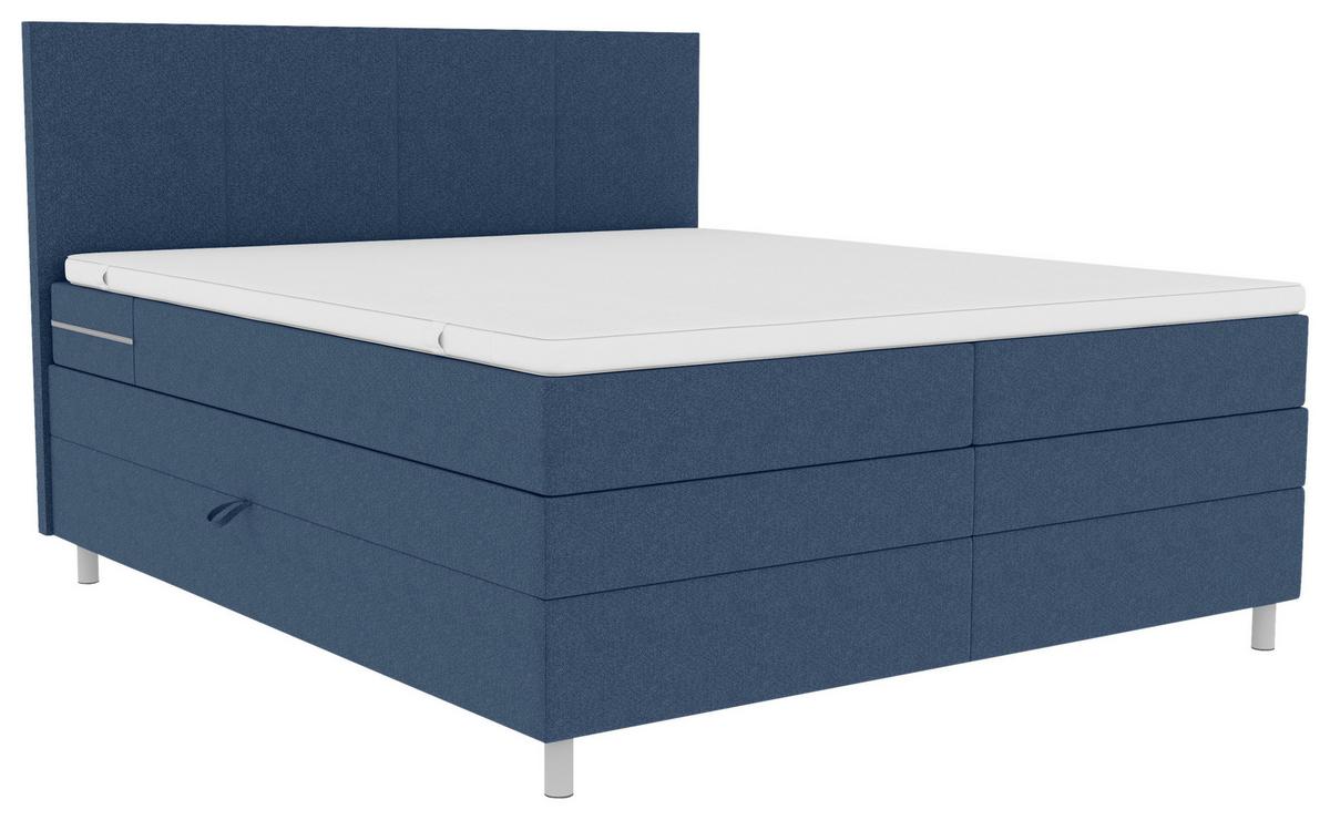 Boxspringbett mit Topper und Bettkasten 160x200 cm Messina - Chromfarben/Blau, KONVENTIONELL, Textil (160/200cm)