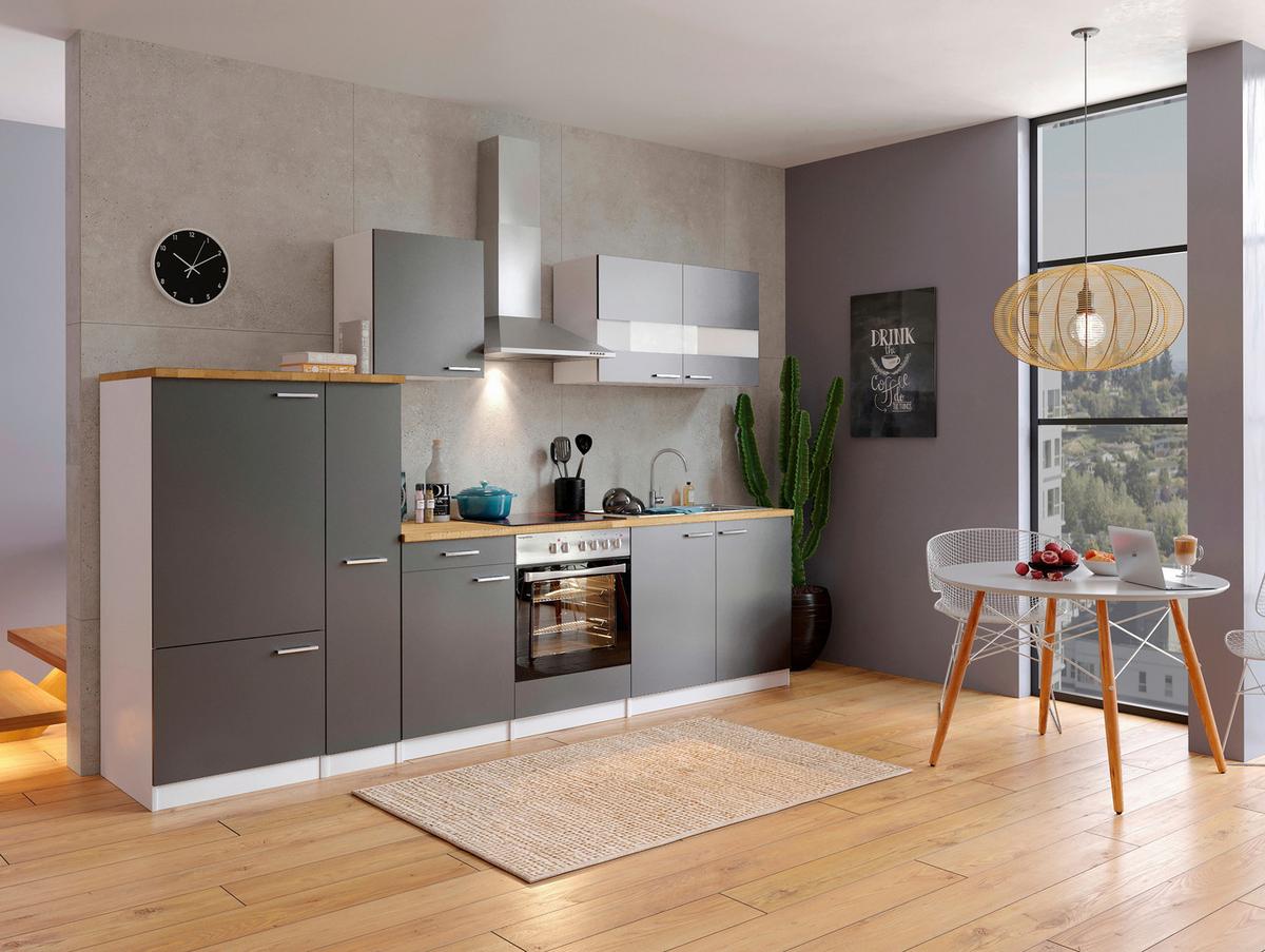 Küchenzeile Economy mit Geräten 300 cm Grau/Nussbaum Dekor - Nussbaumfarben/Weiß, Basics, Holzwerkstoff (300cm) - Respekta
