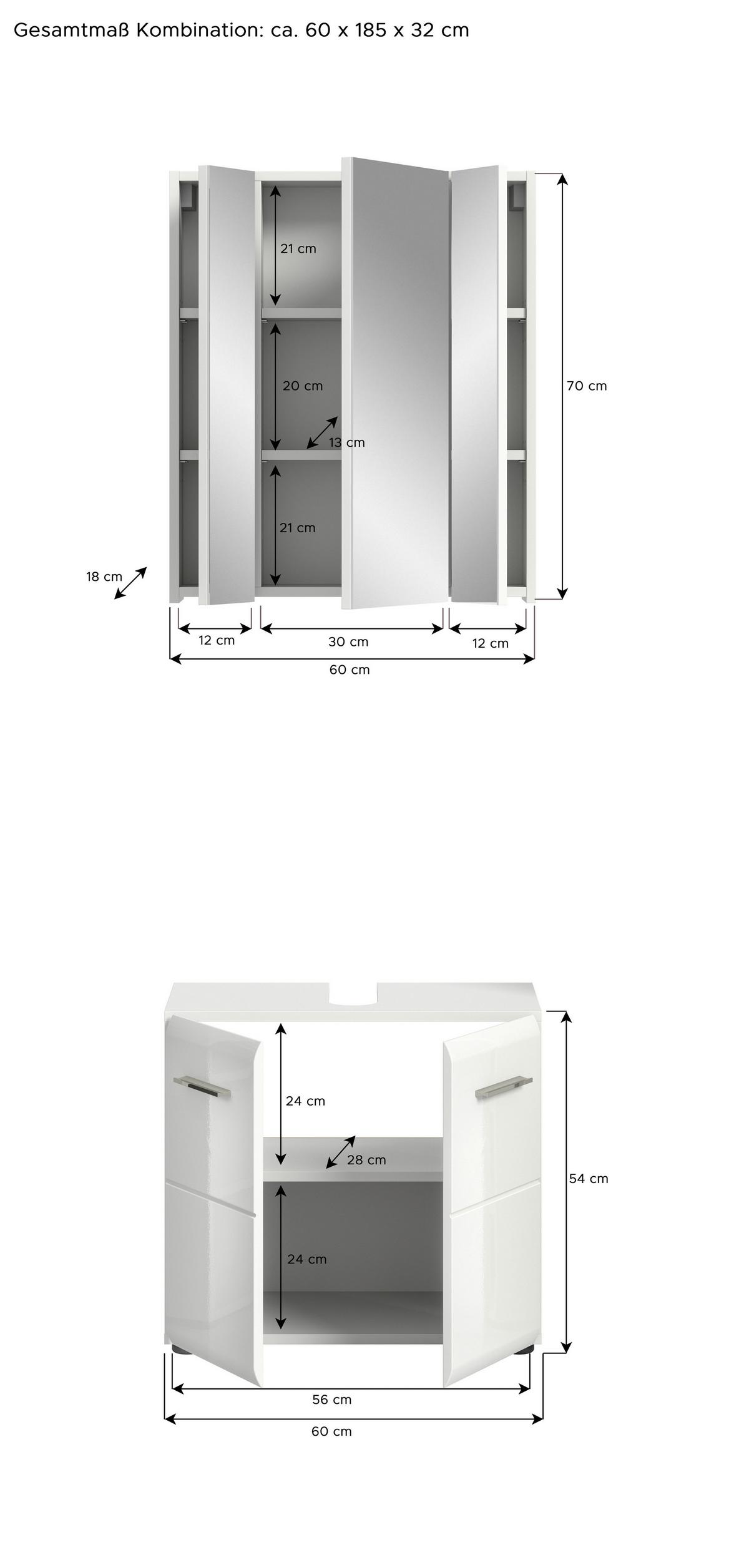 Badezimmer Ice Weiß Hg B: 60 Cm - Weiß Hochglanz/Schwarz, MODERN, Glas/Holzwerkstoff (60cm) - MID.YOU