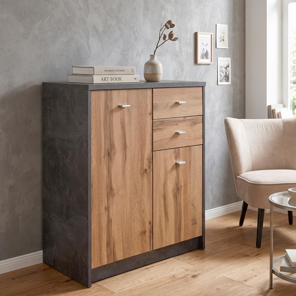Kommode B 74cm 4-You, Beton Optik/Wotan Eiche Dekor - Eichefarben, MODERN, Holzwerkstoff (74/85,4/34,6cm)