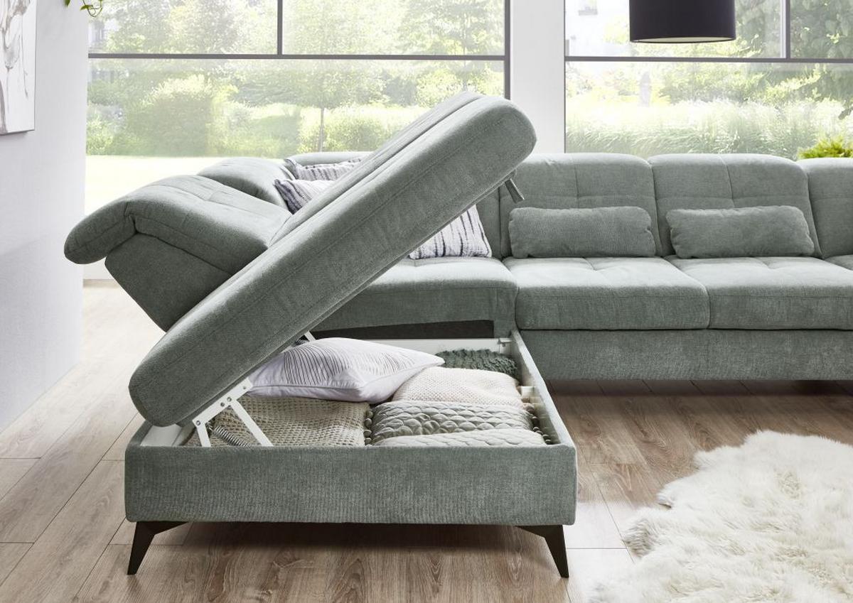 Sedačka SORENA U, ľavá, sv.sivá ženilka, s funkciami - čierna/svetlosivá, Modern, kov/textil (255/353/198cm) - Premium Living