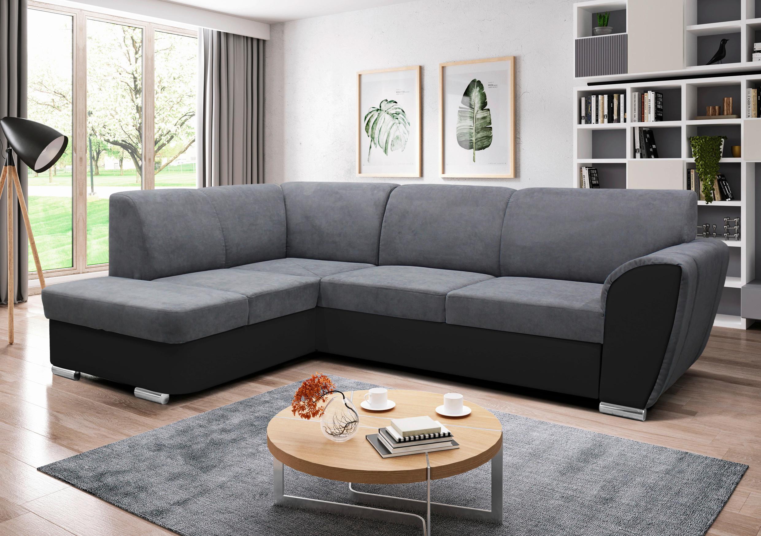 Ecksofa mit Bettkasten Doris Rücken Echt Grau/Schwarz - Silberfarben/Schwarz, Design, Textil (196/255cm) - MID.YOU