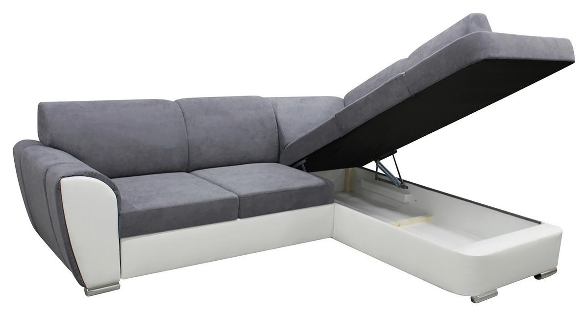 Ecksofa Mit Bettkasten Doris Rücken Echt Grau/weiß - Silberfarben/Weiß, Design, Textil (255/196cm) - MID.YOU