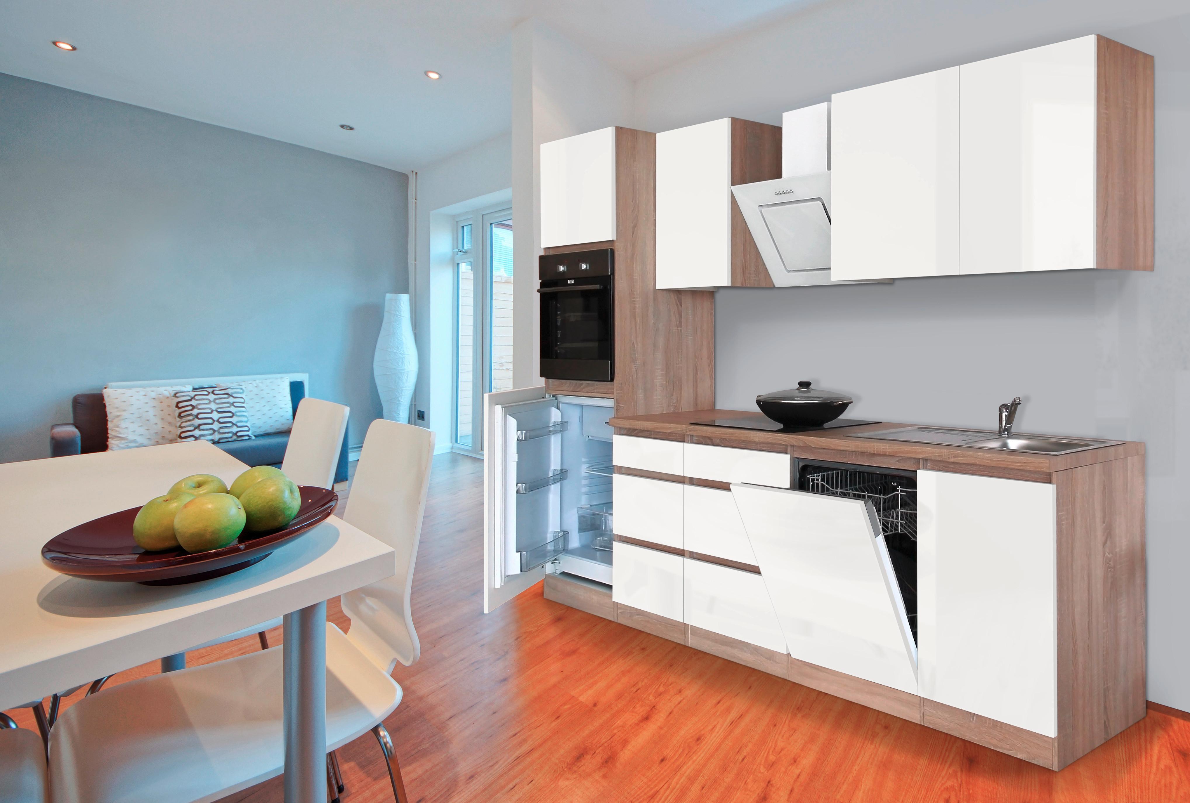 Küchenzeile Premium M. Geräten 280 Cm Weiß/eiche Dekor Modern