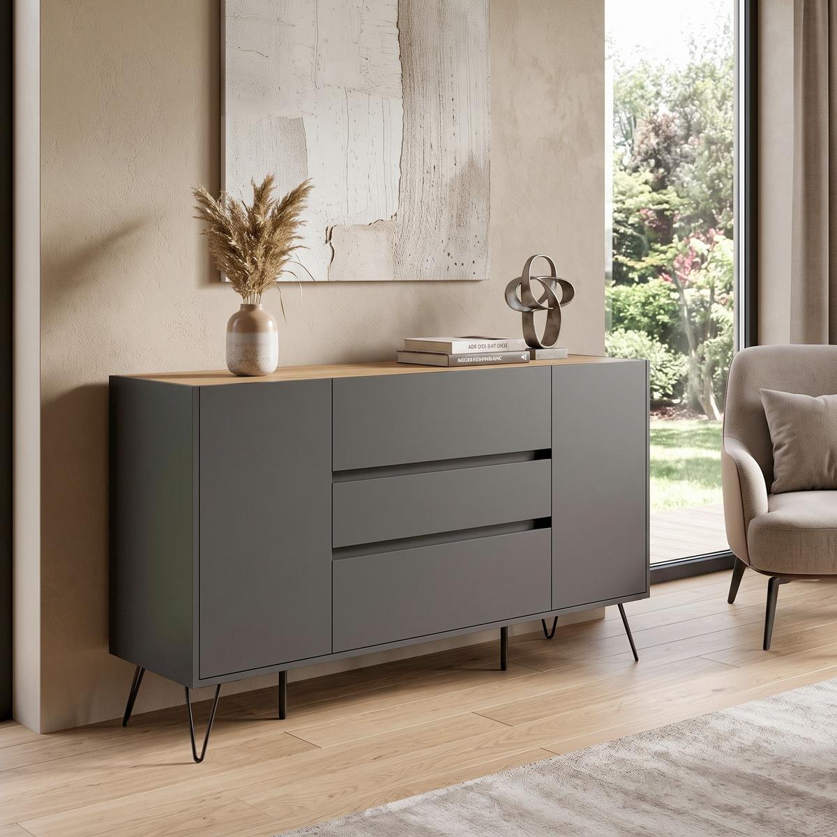 Sideboard Posseik Industrial Eichefarben/Graphitfarben B:155 cm - Eichefarben/Graphitfarben, Design, Holzwerkstoff (155/93,6/42cm) - MID.YOU