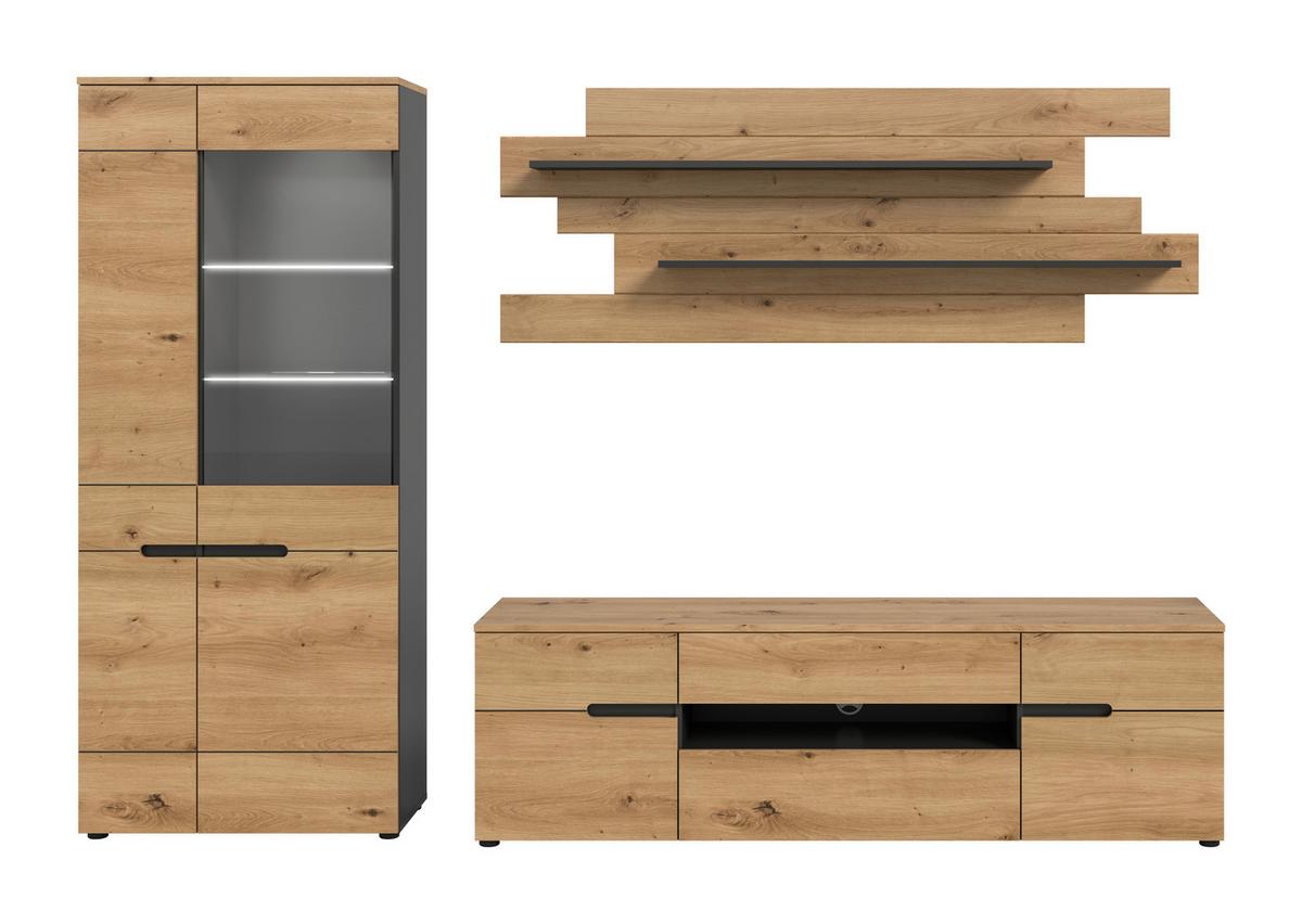 Wohnwand Canu Eiche Artisan Dekor B: 280cm - Schwarz/Eiche Artisan, Design, Holzwerkstoff (280/190/44cm) - Livetastic