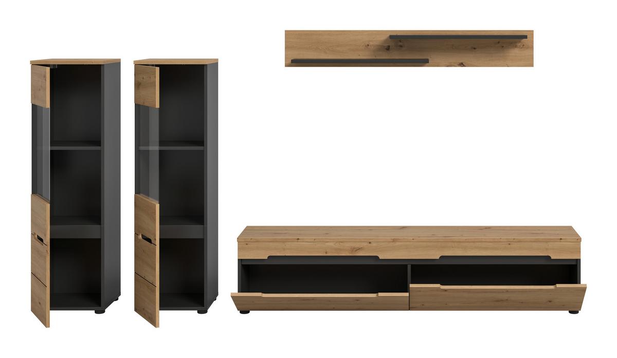Wohnwand Canu Eiche Artisan Dekor B: 272cm - Schwarz/Eiche Artisan, Design, Holzwerkstoff (272/141/33cm) - Livetastic