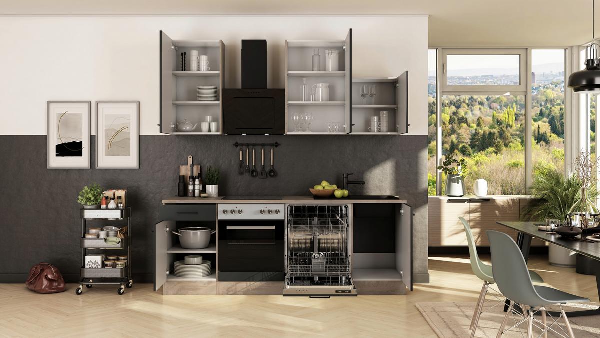 Küchenblock Capri Eiche/Schwarz B: 220 cm - Eichefarben/Schwarz, Basics, Holzwerkstoff (220cm) - FlexWell