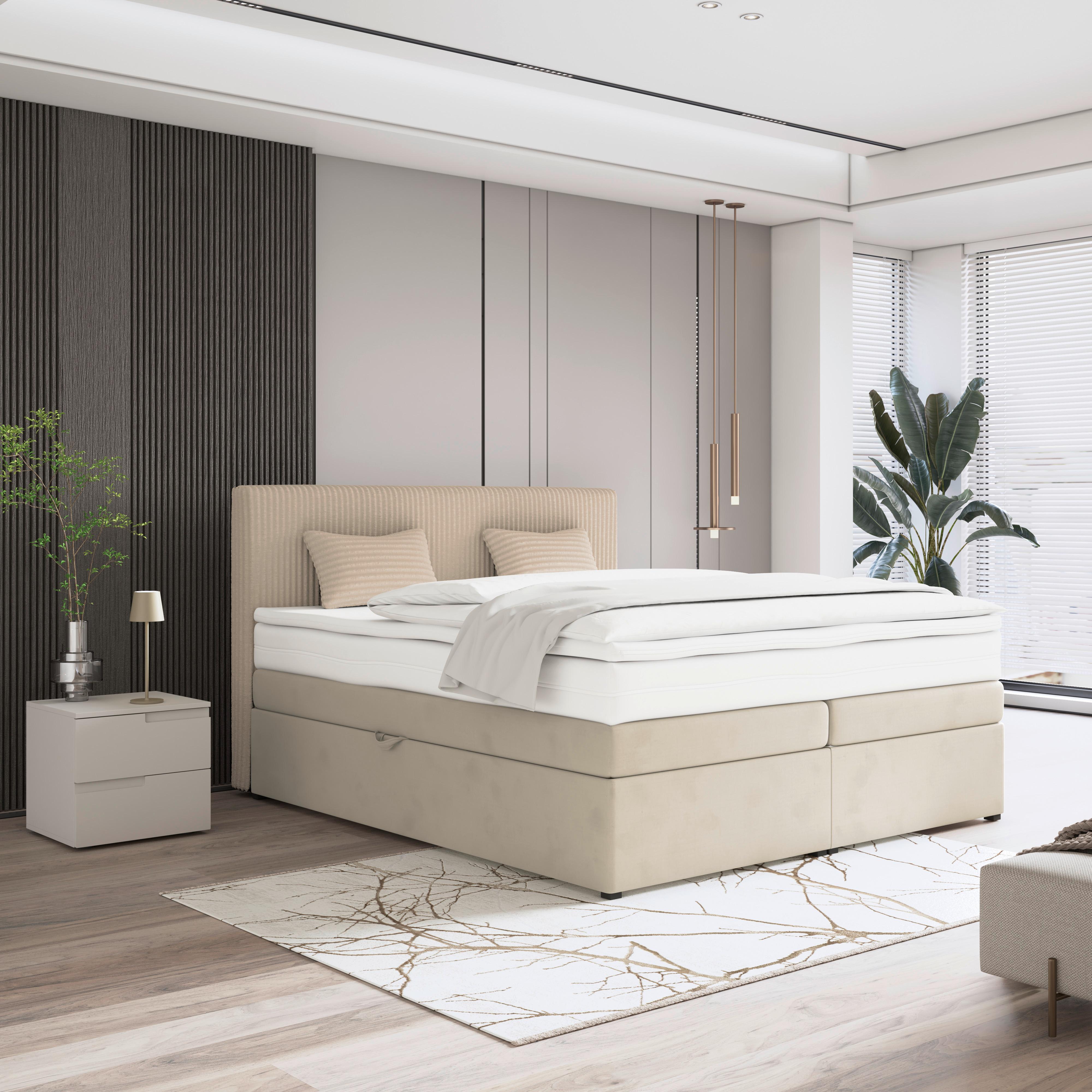 Boxspringbett mit Topper mit Bettkasten 180x200 cm Rossa - Creme/Schwarz, MODERN, Holzwerkstoff/Textil (180/200cm)