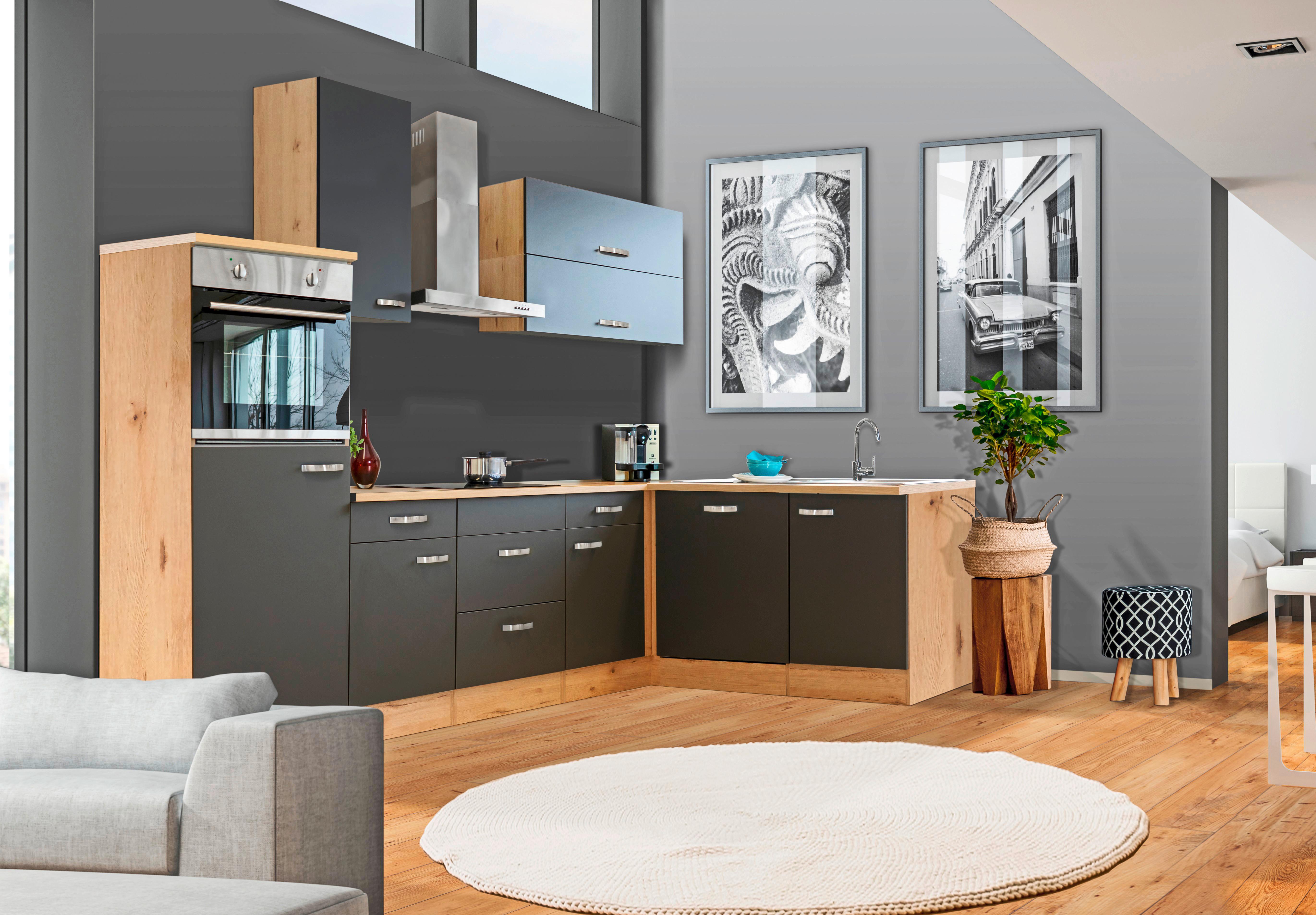 Rohová kuchyňa SHADOW vrát.5 spotrebičov a drezu - sivá/dub San Remo, Modern, kov/kompozitné drevo (280/170cm)