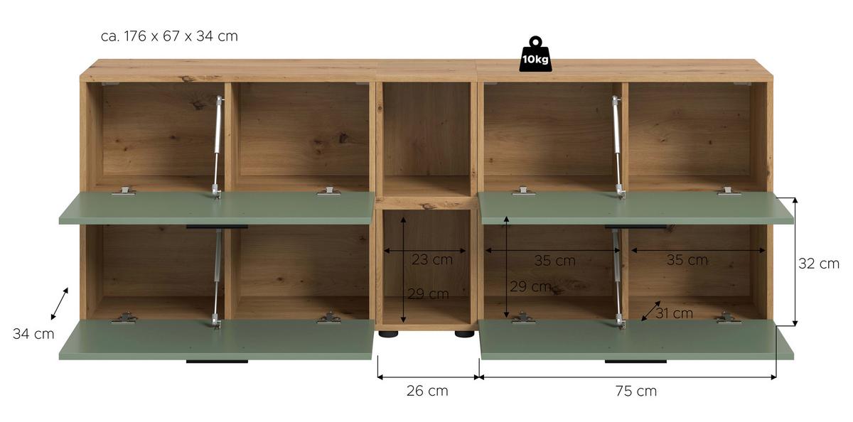 Wohnwand, The ONE 6, B: 176 cm Olivgrün/Artisan Eiche Dekor - Schwarz/Weiß, Trend, Holzwerkstoff (176/67/34cm)