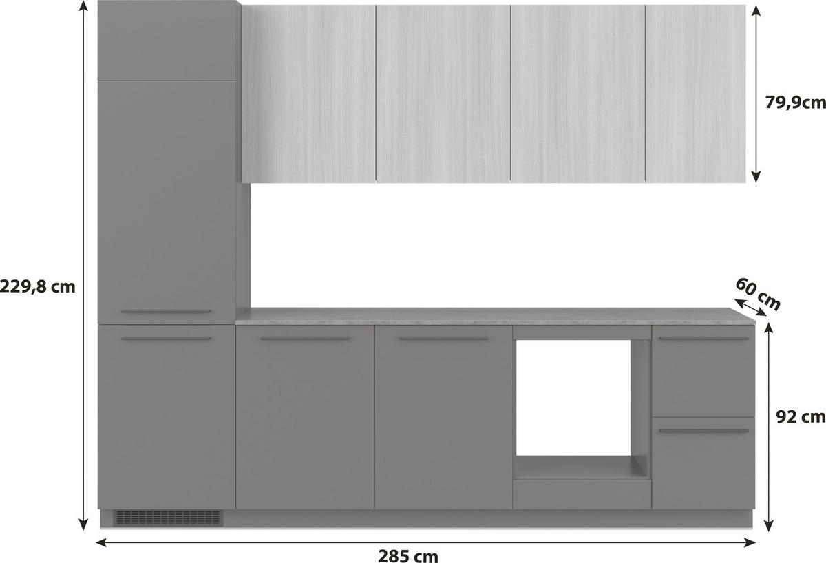 Kuchynská linka MILINO MEDIUM vrát.obkladu a LED regálu - čierna/sivá, Basics, kompozitné drevo/plast (285cm) - Visiona