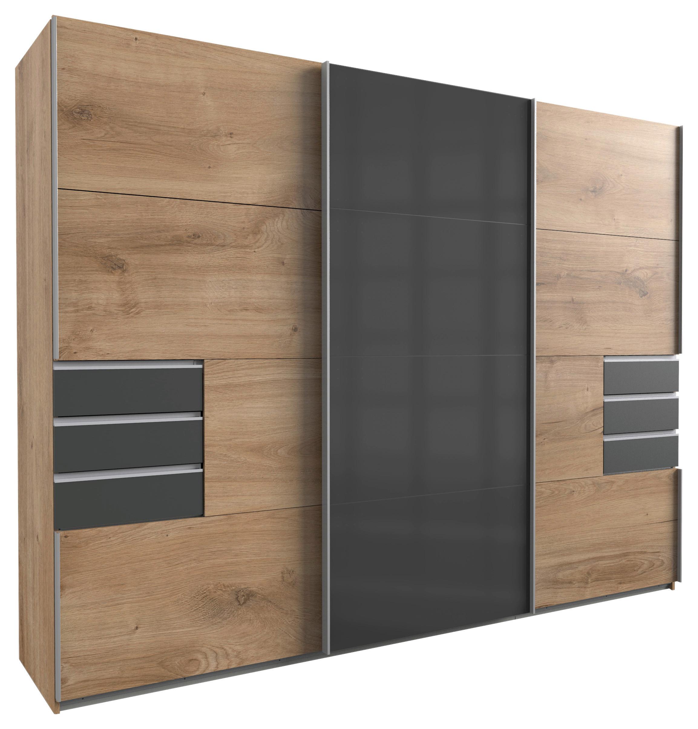 Schwebetürenschrank mit Laden 270cm Saigon, Eiche/Graphit - Eichefarben/Graphitfarben, Basics, Glas/Holzwerkstoff (270/210/64cm) - P & B
