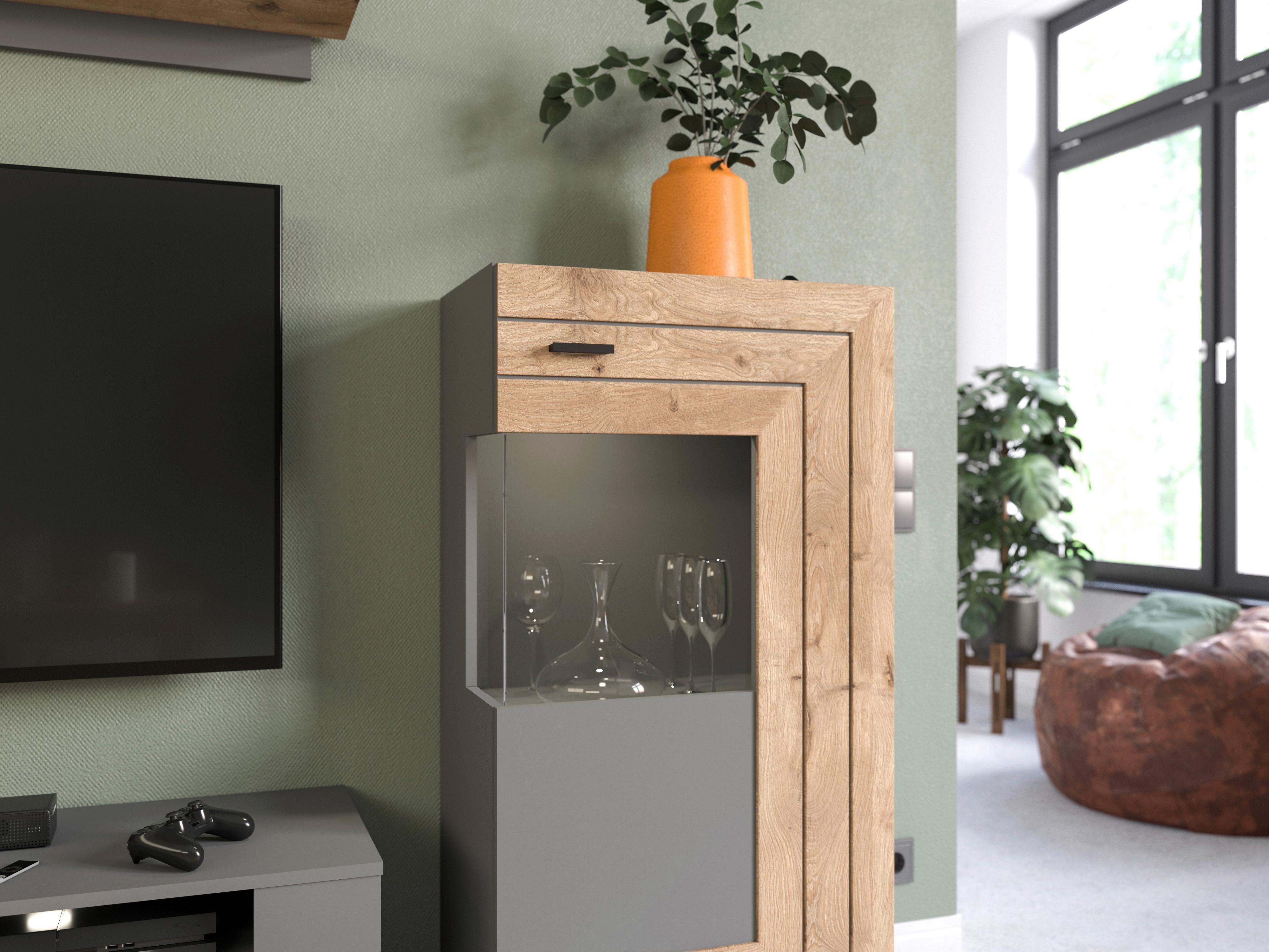 Drehtürenschrank Freno Grau Nb, Nox Oak Dekor B:117cm - KONVENTIONELL, Glas/Holzwerkstoff (117/60/37cm) - MID.YOU