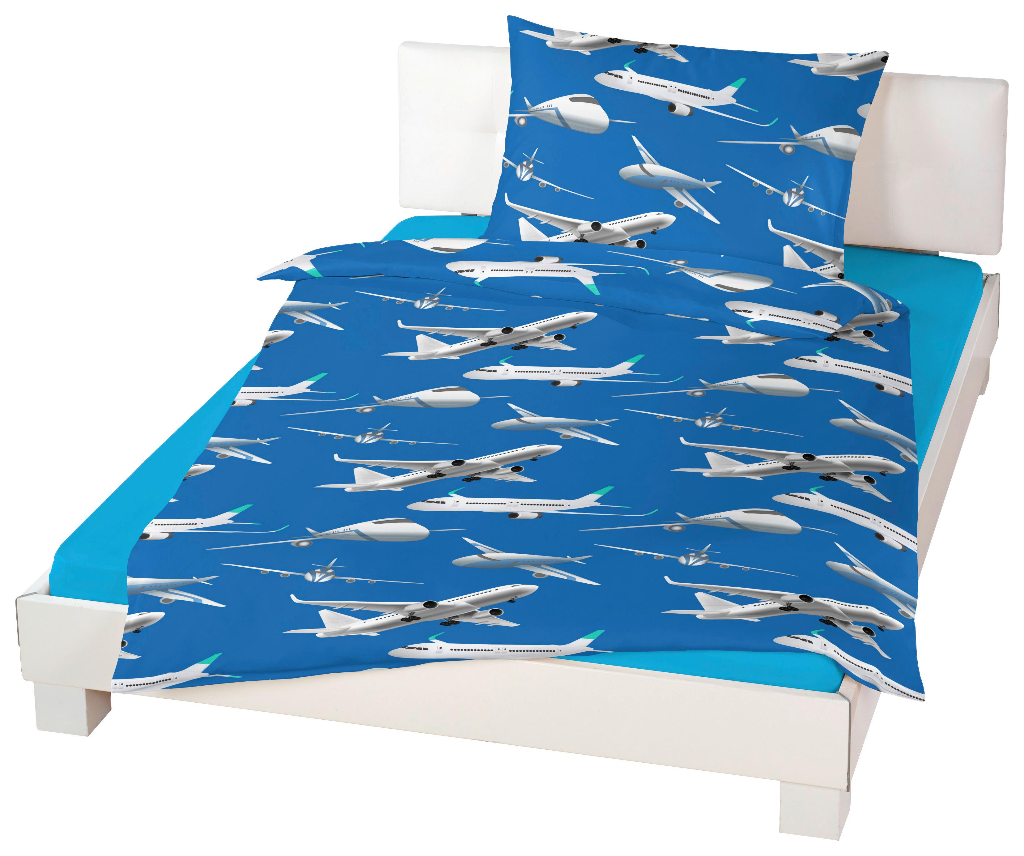 Kinderbettwäsche 140x200 cm Charly Flugzeug-Motiv - Blau/Weiß, MODERN, Textil - Luca Bessoni