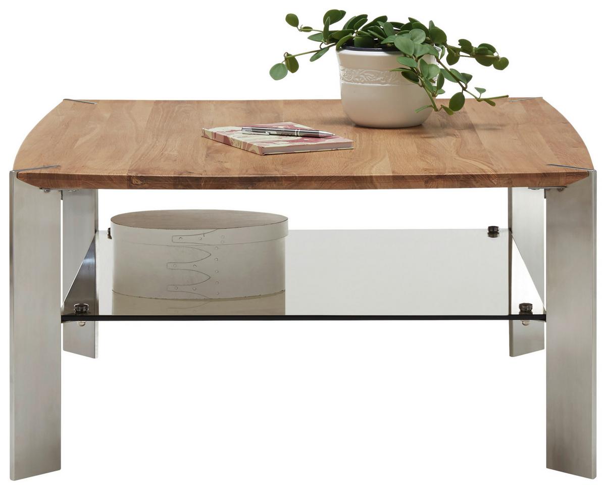 Beistelltisch mit Ablageplatte Nelia, Eiche/Edelstahl - Edelstahlfarben/Eichefarben, MODERN, Glas/Holz (50/41/50cm) - Livetastic