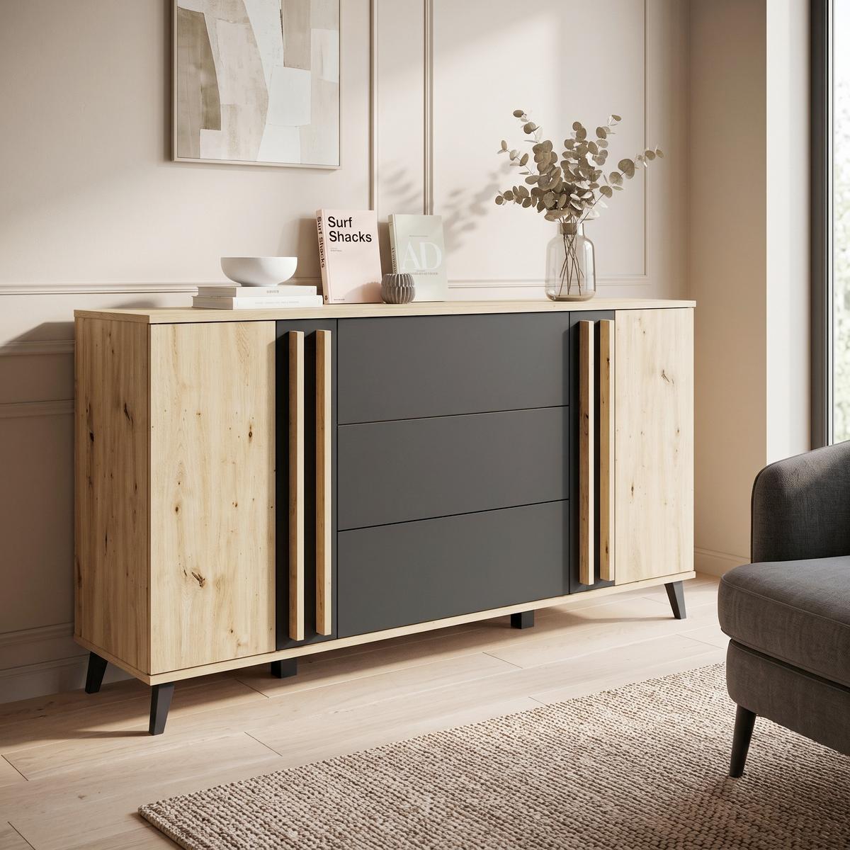 Sideboard Helsinki 150 Eiche Artisan/Schwarz B: 150cm - Schwarz/Eiche Artisan, Trend, Holzwerkstoff (150/77,8/39,5cm) - P & B