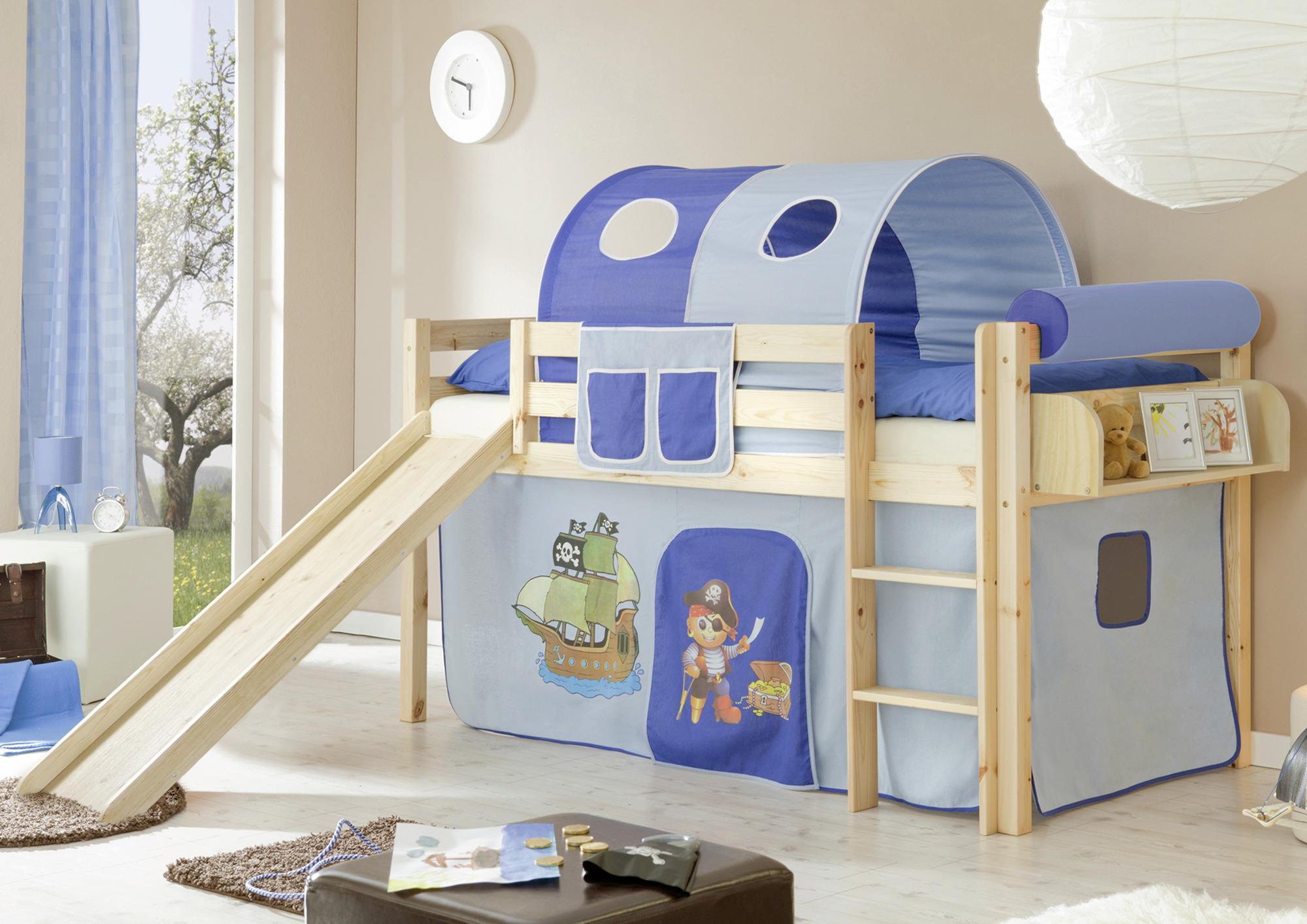 Spielbett Manuel Blau Kiefer Massiv 90 Cm Rutsche Leiter - Blau/Kieferfarben, Natur, Holz (90/200cm) - MID.YOU