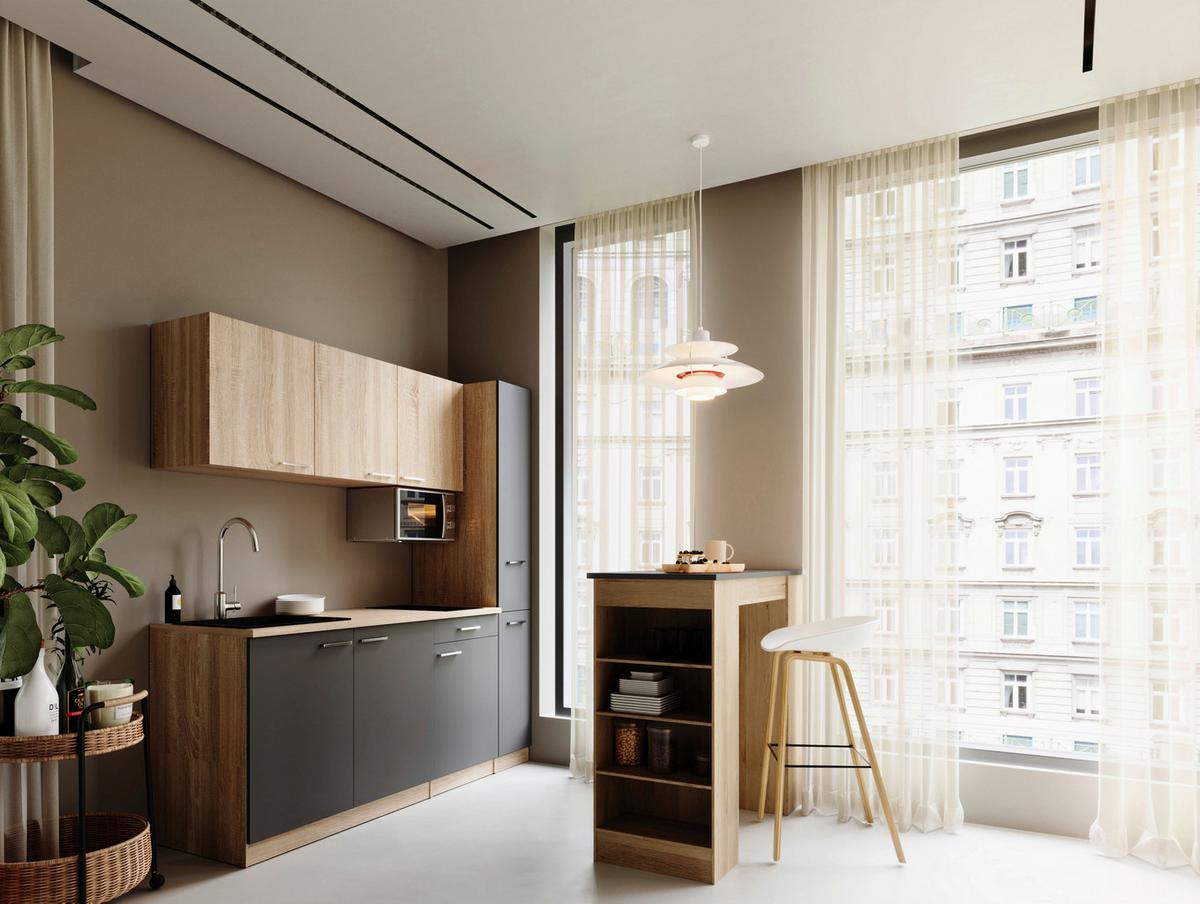 KÜCHENBLOCK Ingrid, Grau B: 180 cm - Eichefarben/Grau, Design, Holzwerkstoff (180cm) - Respekta