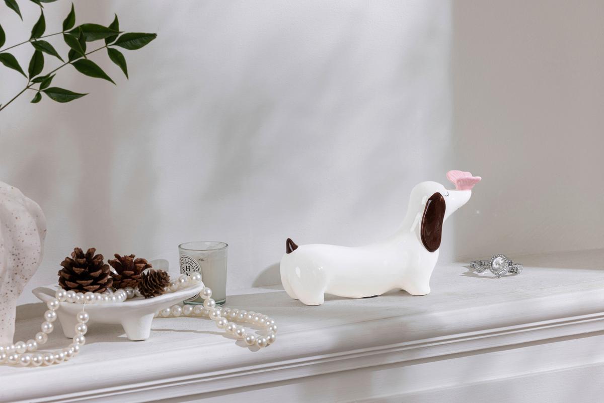 Dekohund Stefan - Pink/Braun, KONVENTIONELL, Keramik (20,5/5,5/11,2cm) - Luca Bessoni