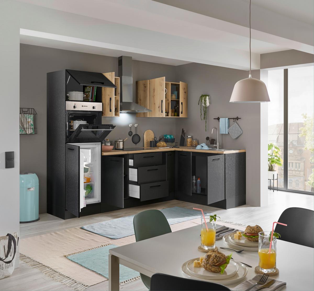 Eckküche Turin Schwarz/Eiche Dekor 270x165 cm - Schwarz/Eiche Artisan, Basics, Holzwerkstoff (270/165cm) - MID.YOU