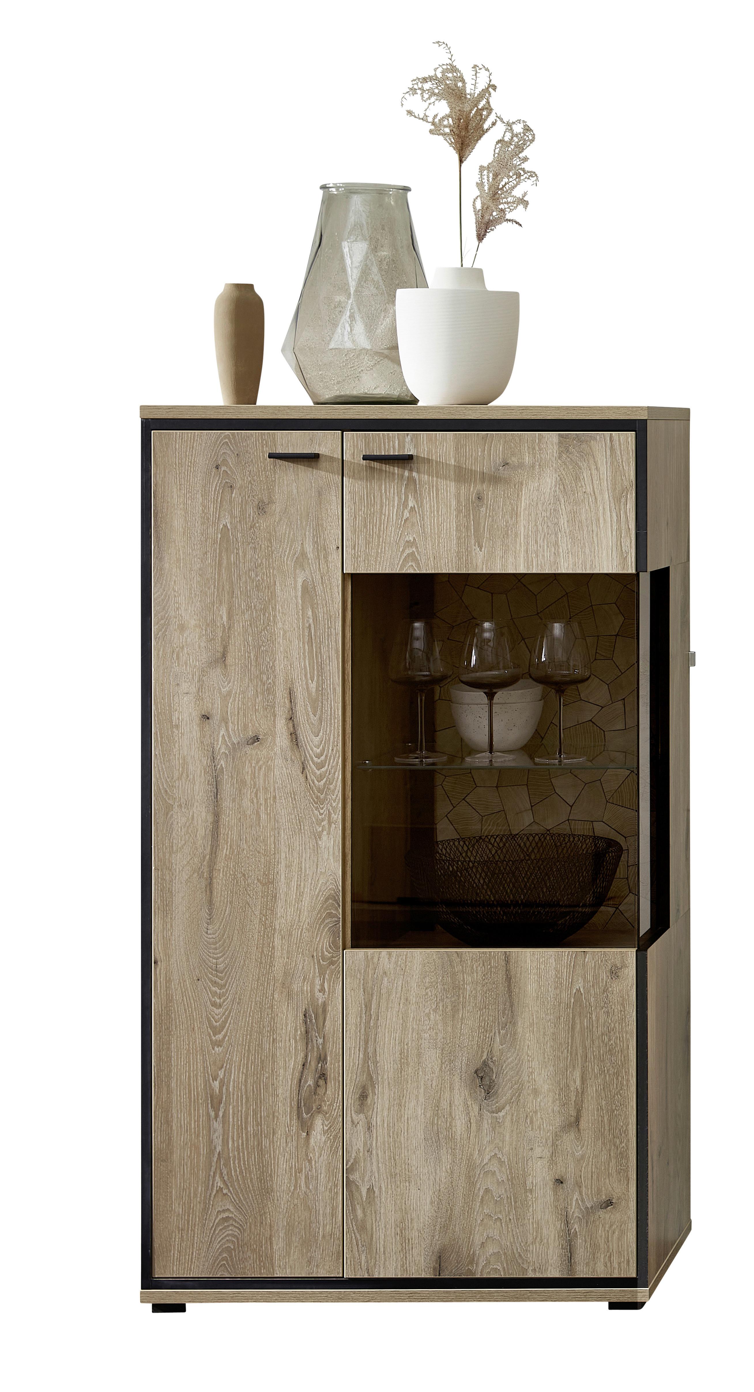 Vitrine Ruben - Eichefarben/Schwarz, KONVENTIONELL, Glas/Holzwerkstoff (80/144/40cm) - Livetastic