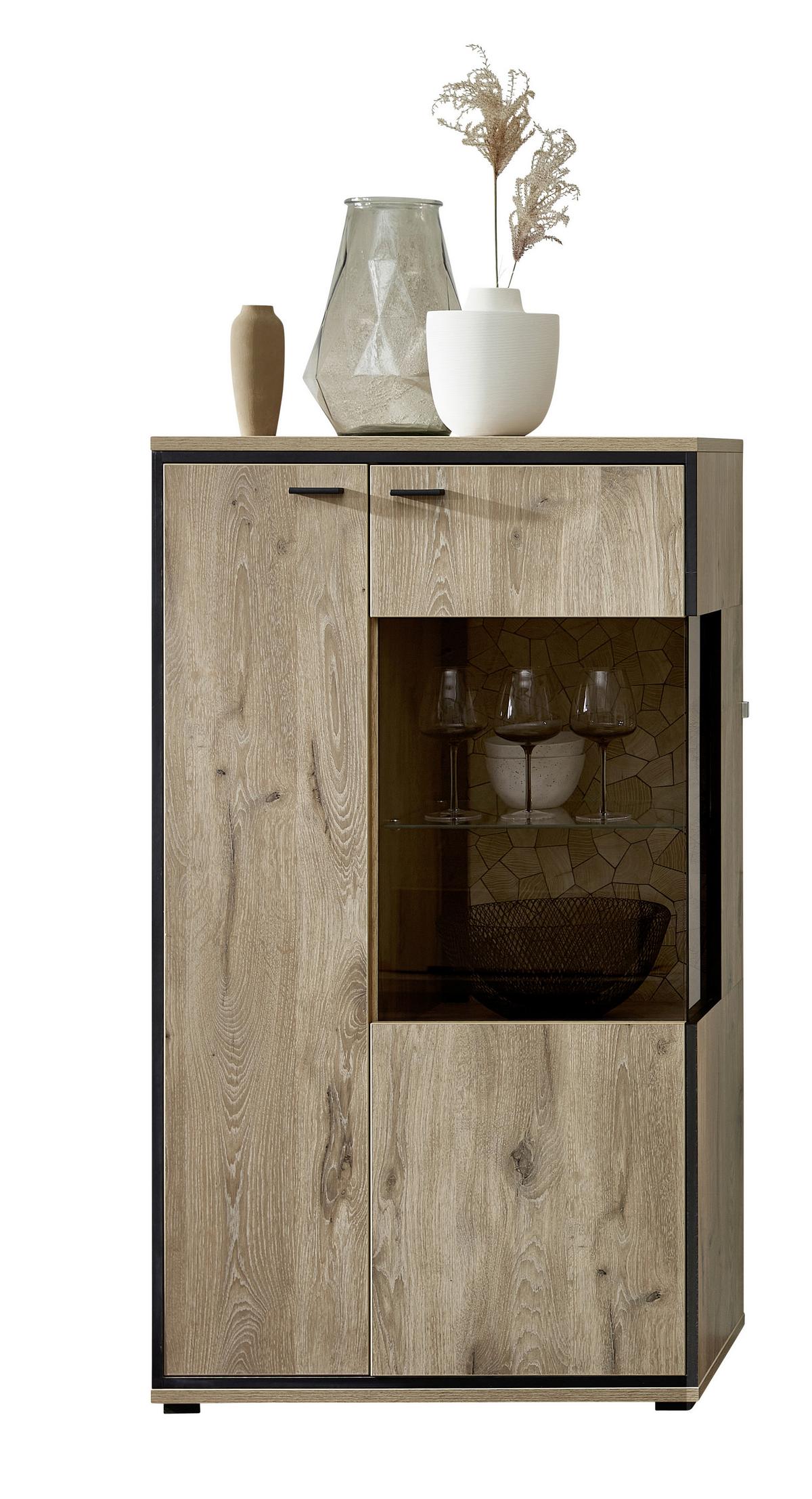 Vitrine Ruben - Eichefarben/Schwarz, KONVENTIONELL, Glas/Holzwerkstoff (80/144/40cm) - Livetastic