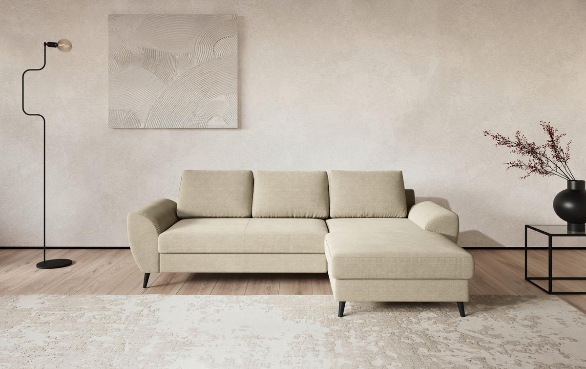 Ecksofa mit Bettfunktion Terra Cord beige, B: 255cm - Beige/Schwarz, Trend, Textil (255/154cm) - MID.YOU