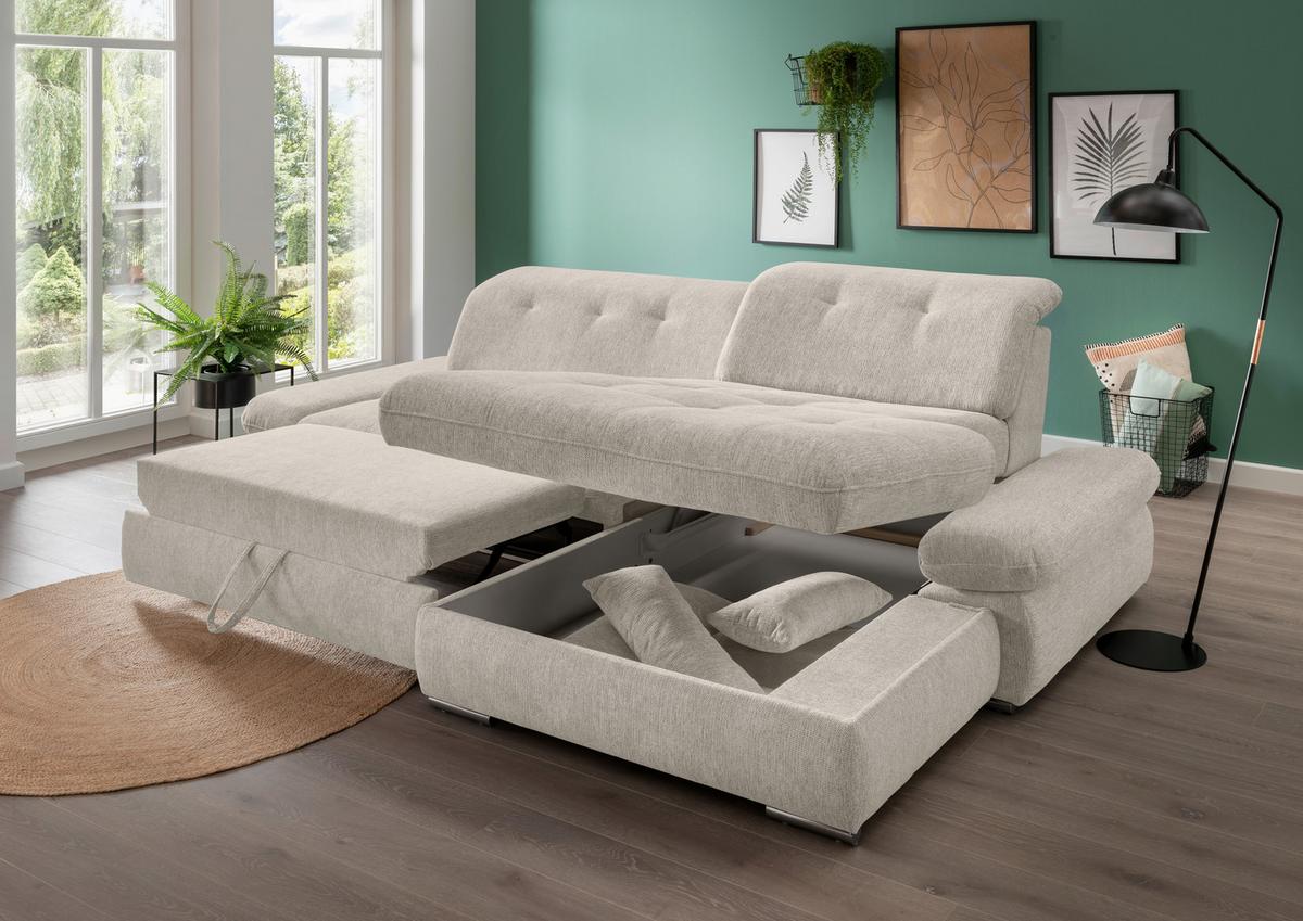 Ecksofa mit Liegefunktion Dalida Beige, S: 300x196 cm - Chromfarben/Beige, Design, Textil (300/196cm) - Livetastic