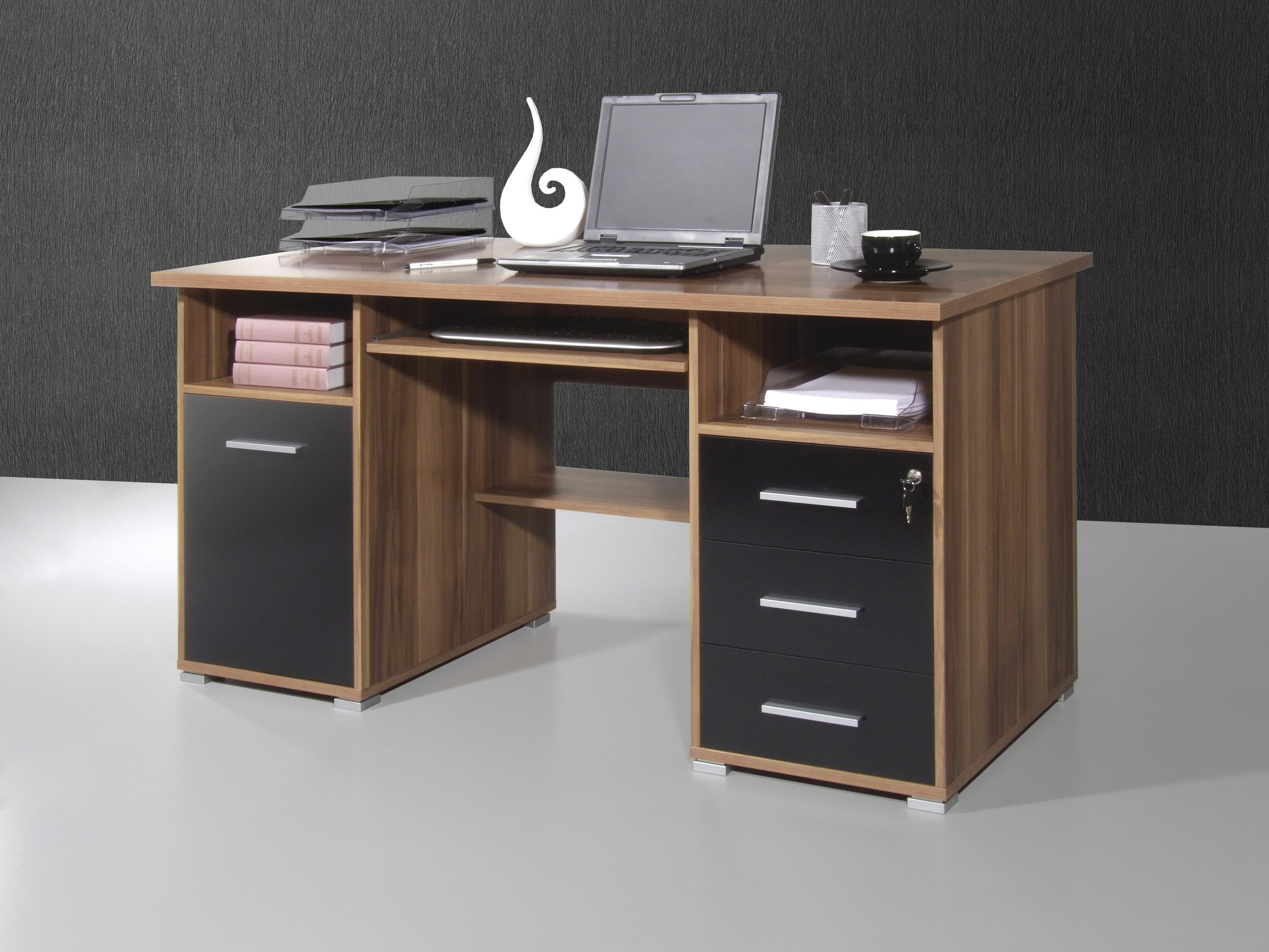 Schreibtisch mit Stauraum B 145 H 75 cm, Schwarz/Walnussfarben - Walnussfarben/Schwarz, Design, Holzwerkstoff (145/70/75cm) - Germania